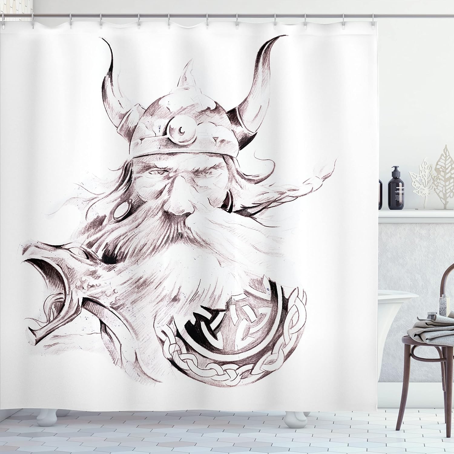 Ambesonne Tattoo Shower Curtain, Wise Old and Brave Viking Warrior His Long White Beard Armour Print, Cloth Fabric Bathroom Decor Set with Hooks, 69" W x 70" L, Dried Rose White