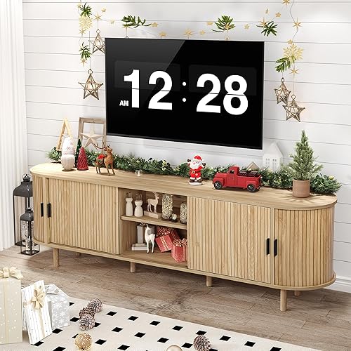 Miniatura 15 de Soporte de TV acanalado de 54 pulgadas con almacenamiento, consola de TV moderna de mediados de siglo con puertas correderas Tambour, centro de