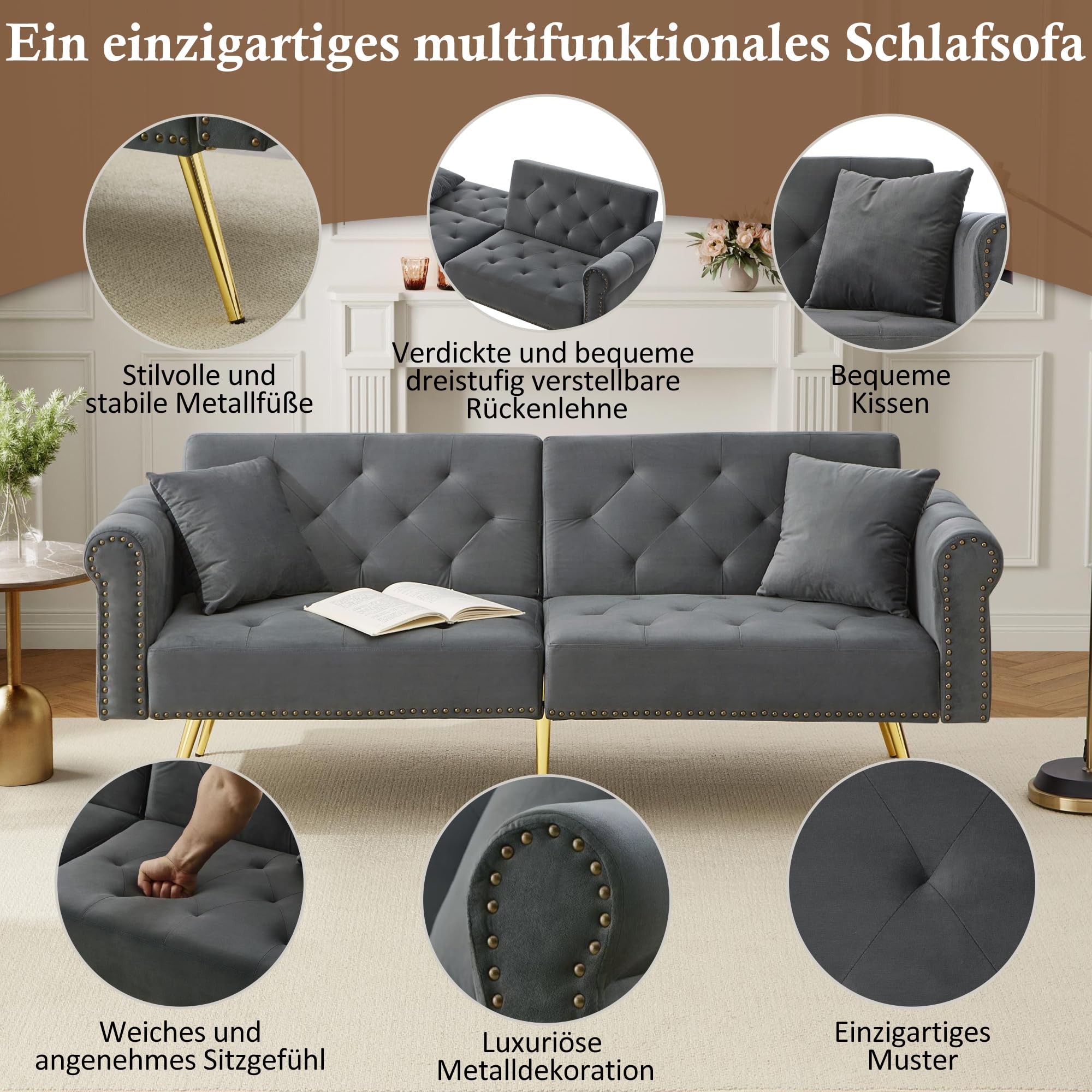 Schlafsofa 2 Sitzer mit Schlaffunktion – Verstellbares Sofa aus Samt, Schlafcouch klappbar & platzsparend, kleines Sofa für Wohnzimmer & Gästezimmer (Antique Gray)