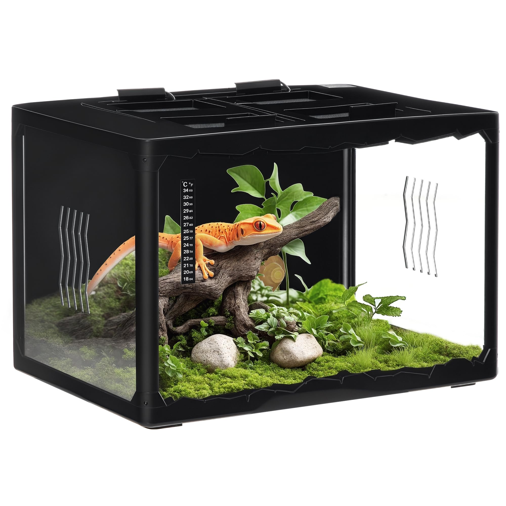 PawHut Terrarium für Landschildkröten, Chamäleon, Leguan, Gecko und Reptilien mit Thermometer 18-34℃, 60x40x40,5cm, Schwarz