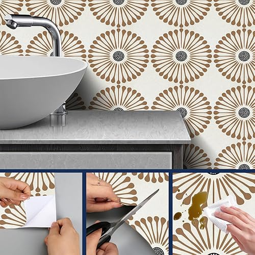 Miniatura 6 de Papel tapiz geométrico marrón para despegar y pegar, papel de contacto retro con patrón de abanico, papel de pared de vinilo autoadhesivo de 17.7 x