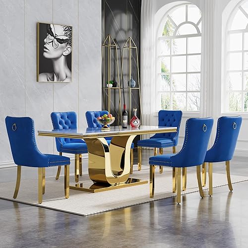 Miniatura 11 de Juego de mesa de comedor de mármol sintético blanco plateado de 70 pulgadas para 4, 5 piezas rectangulares de cocina con base de acero inoxidable en