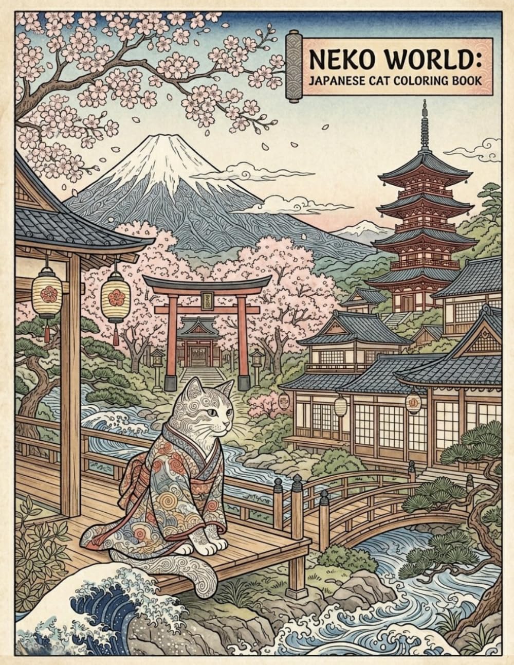 Neko World: Japanese Cat Coloring Book: 40 Intricate Ukiyo-e Style Designs Featuring Cats, Japanese Culture, Seasons, Festivals, and Scenic Landscapes for Relaxation and Stress Relief