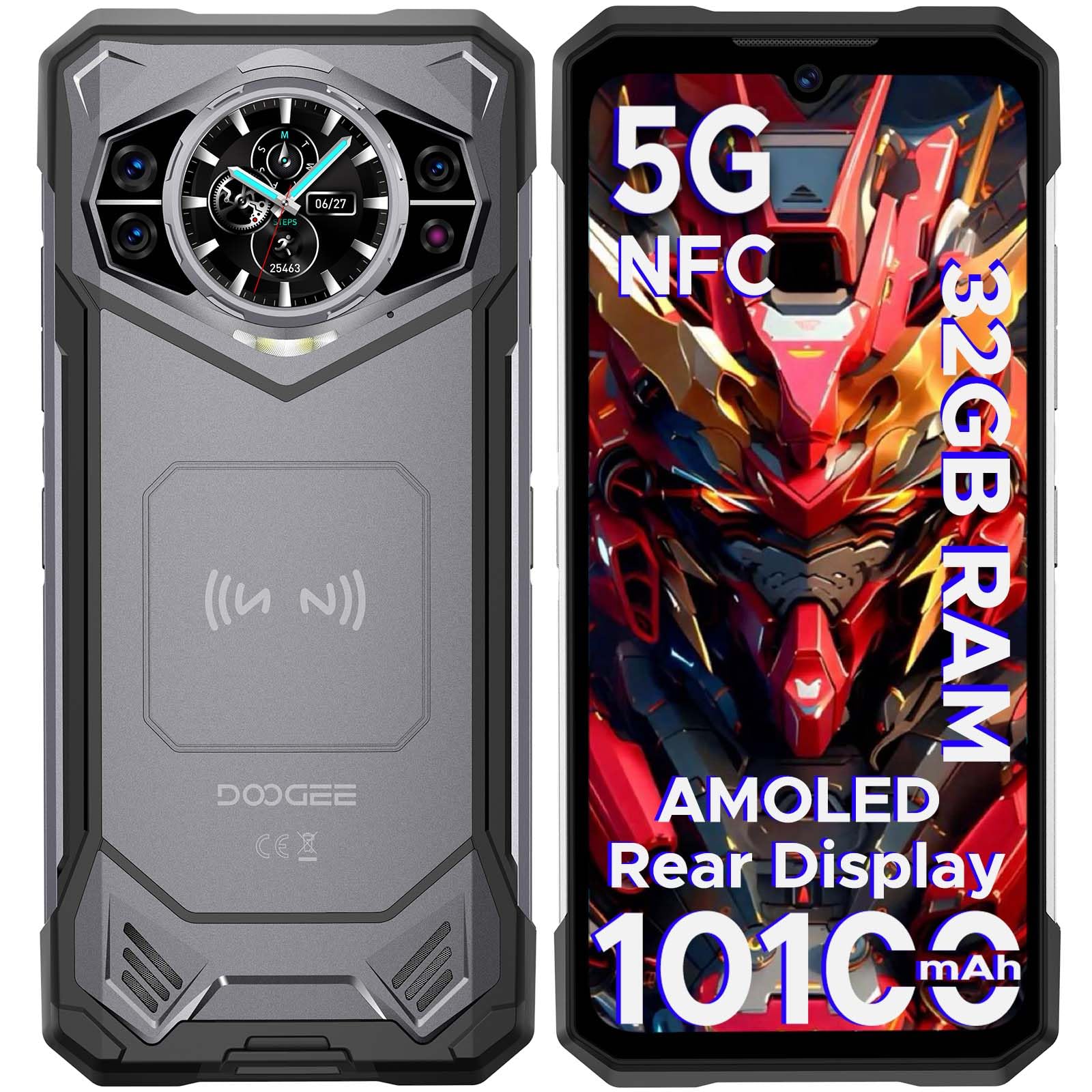DOOGEE S200 Rugged Smartphone 5G, 6.72”FHD+/120Hz Android Rugged Phone with 1.32" AMOLED Rear Display, 10100mAh/33W, 32GB+256GB/2TB, 100MP+20MP+20MP Night Vision Camera, WiFi 6/NFC/Fingerprint, Gray