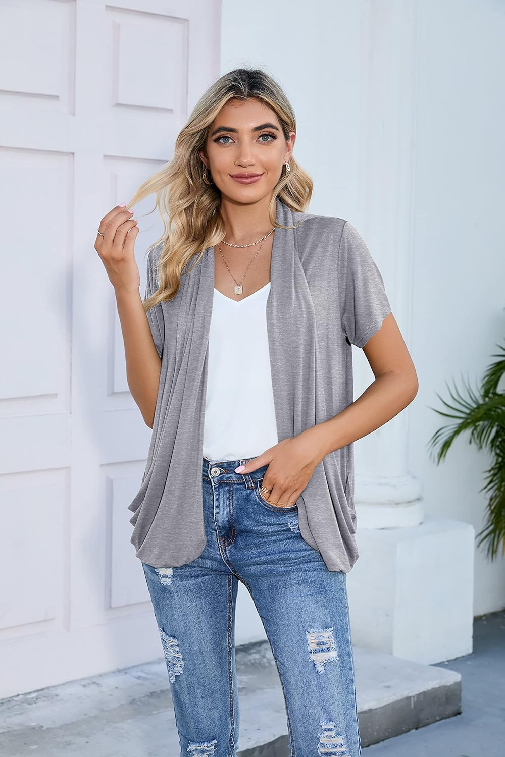 HIYIYEZI Open Front Cardigan Sweaters for Women with Pockets Lightweight Short Sleeve Ruffle Front Kimono Cardigan Duster - Image 6