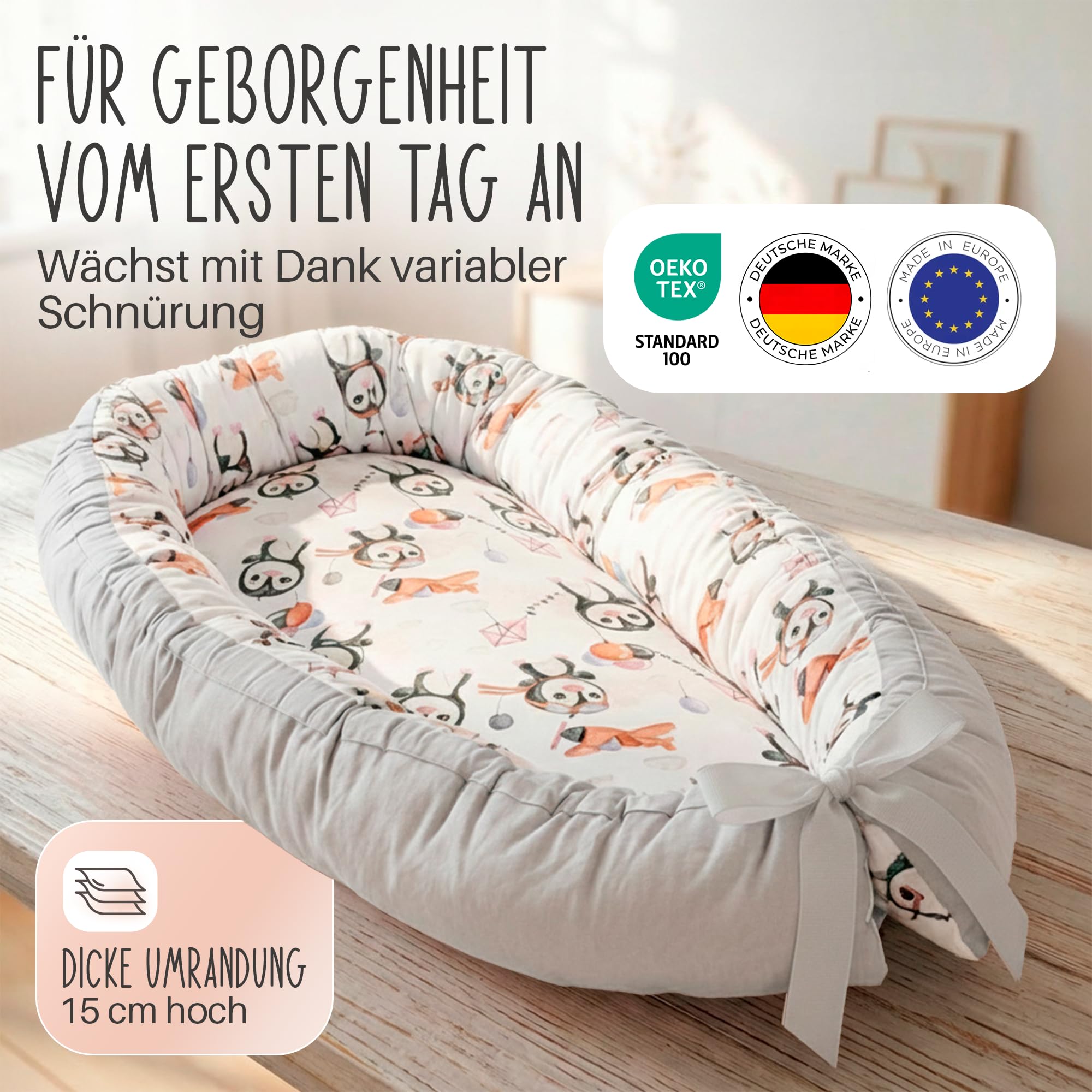 LULANDO® Babynest - Standard 100 von Oeko-Tex - multifunktionales Kuschelnest für Babys und Säuglinge - Nestchen - Reisebett - 100% Baumwolle - antiallergisch - hergestellt in der EU