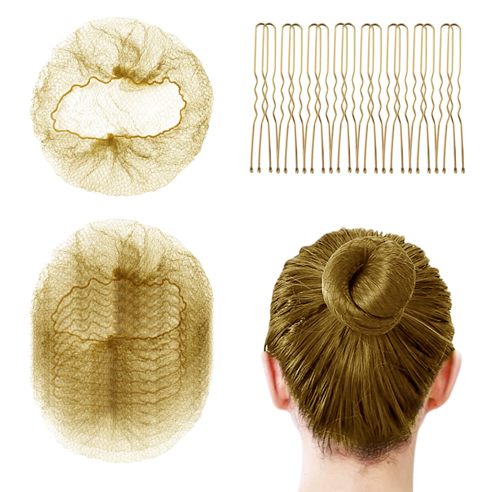 Bun Hair Nets 40Pcs, Invisible Elastic Edge Mesh Dance Balllet Bun Hair Net Mesh Hair Nets Invisible with 100pcs U Shaped Hair Pins for Ballet Bun, Sleeping, Women and Wig(Gold)