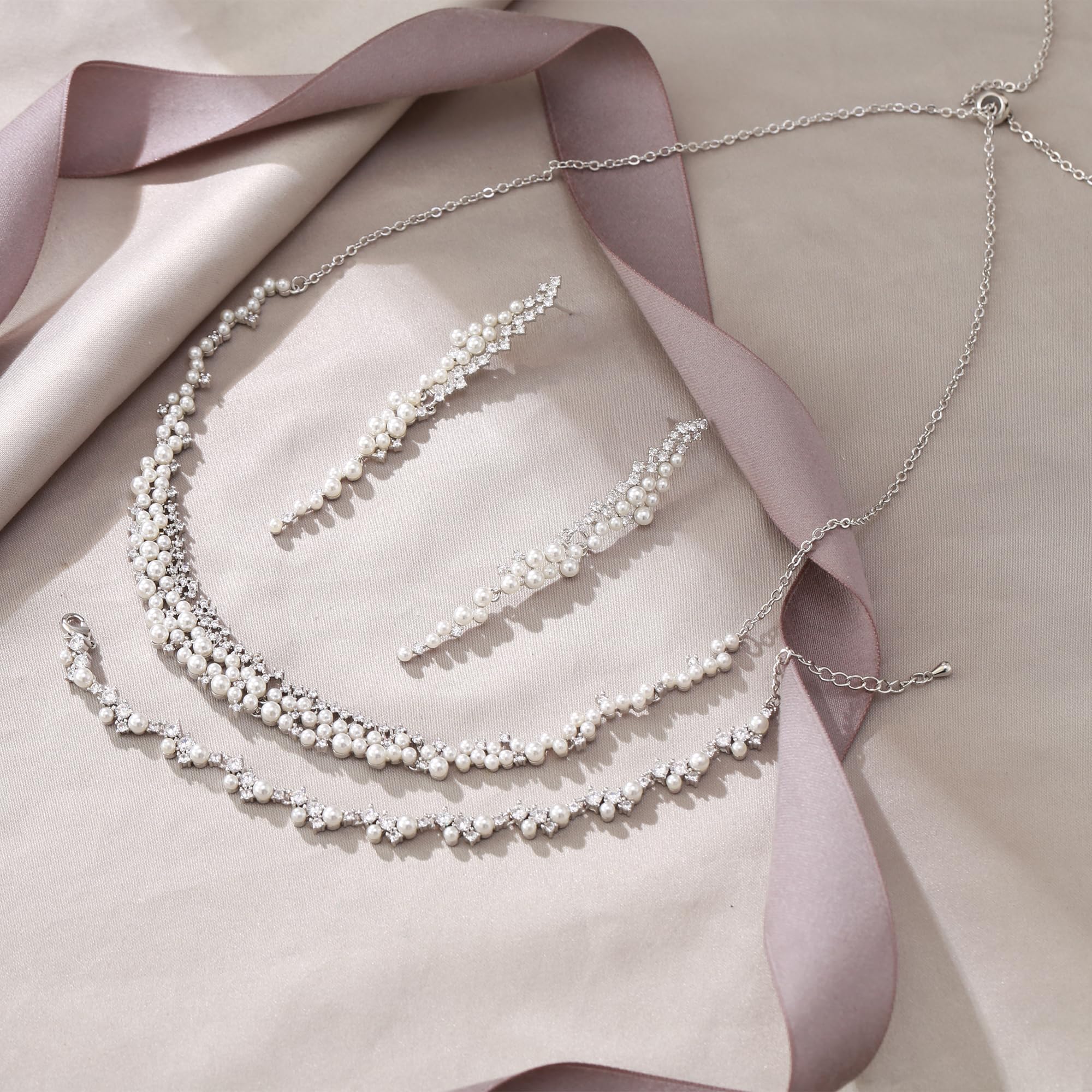 EVER FAITH 3 stk Schmuckset Art Deco Hochzeit Schmuck Cubic Zirkonia Faux Perlen Braut Halskette lange baumeln Ohrringe Armband Sets für Damen Braut Brautjungfer