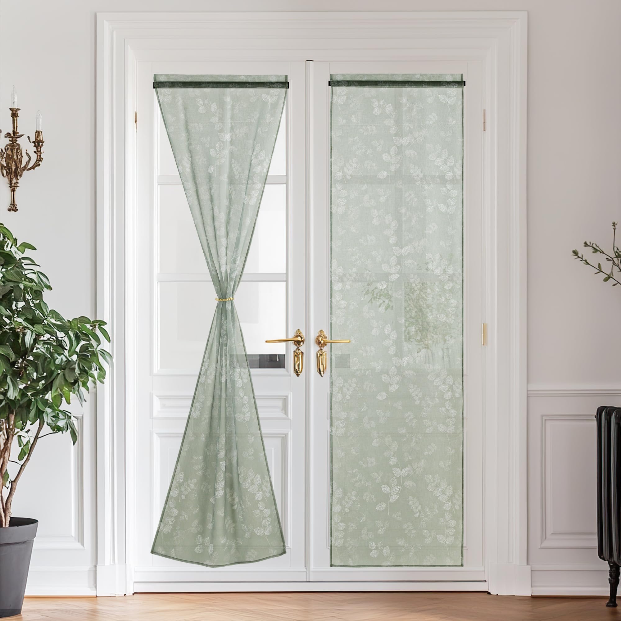 PONY DANCE Cortina Puerta con Aspecto de Lino 60x240cm Cortinas Salon Modernas 2 Piezas Cortinas Transparentes Verdes Salvia con Estampado de Hojas Cortinas y Visillos con Aspecto de Lino Global Recycled Standard OEKO-TEX STANDARD 100 Global Recycled Standard Global Recycled Standard