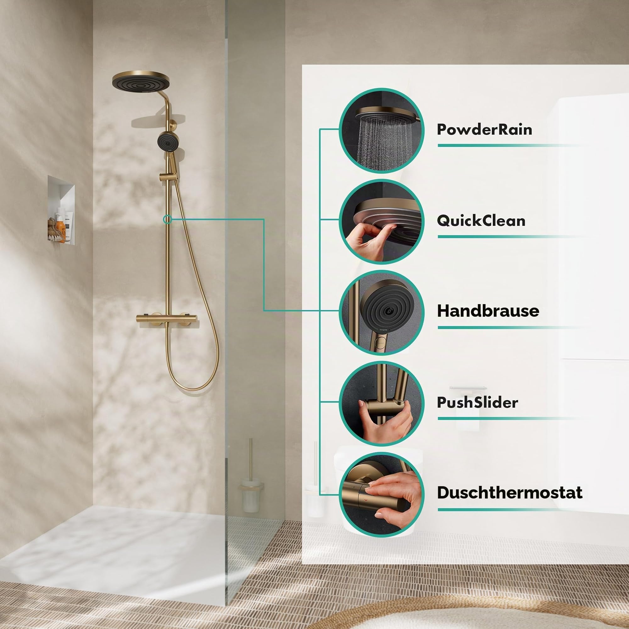 hansgrohe Pulsify S Puro - Duschsystem mit Thermostat, Regendusche (260 mm) mit Armatur, Handbrause (3 Strahlarten), Schlauch, Brausestange und runder Kopfbrause, Brushed Bronze, 24236140
