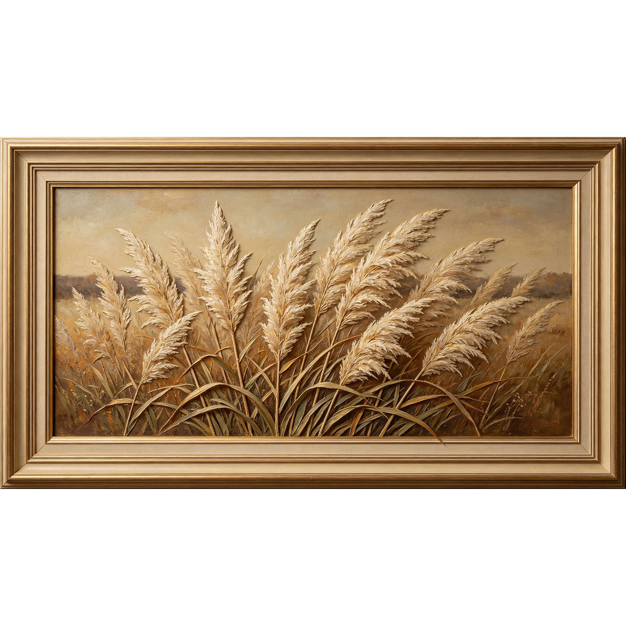 QZLITHOTIC 50x90cm3D Framed Wall Art， Botanical Pampas Grass Field Self‑Adhesive Mural， Water‑Activated Peel & Stick Fabric Decor Wall Decal for Bedroom Living Room