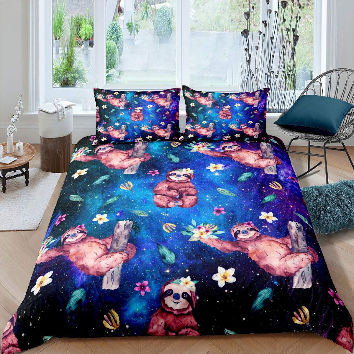 Housse de couette dessin animé paresseux botanique floral pour lit enfants violet