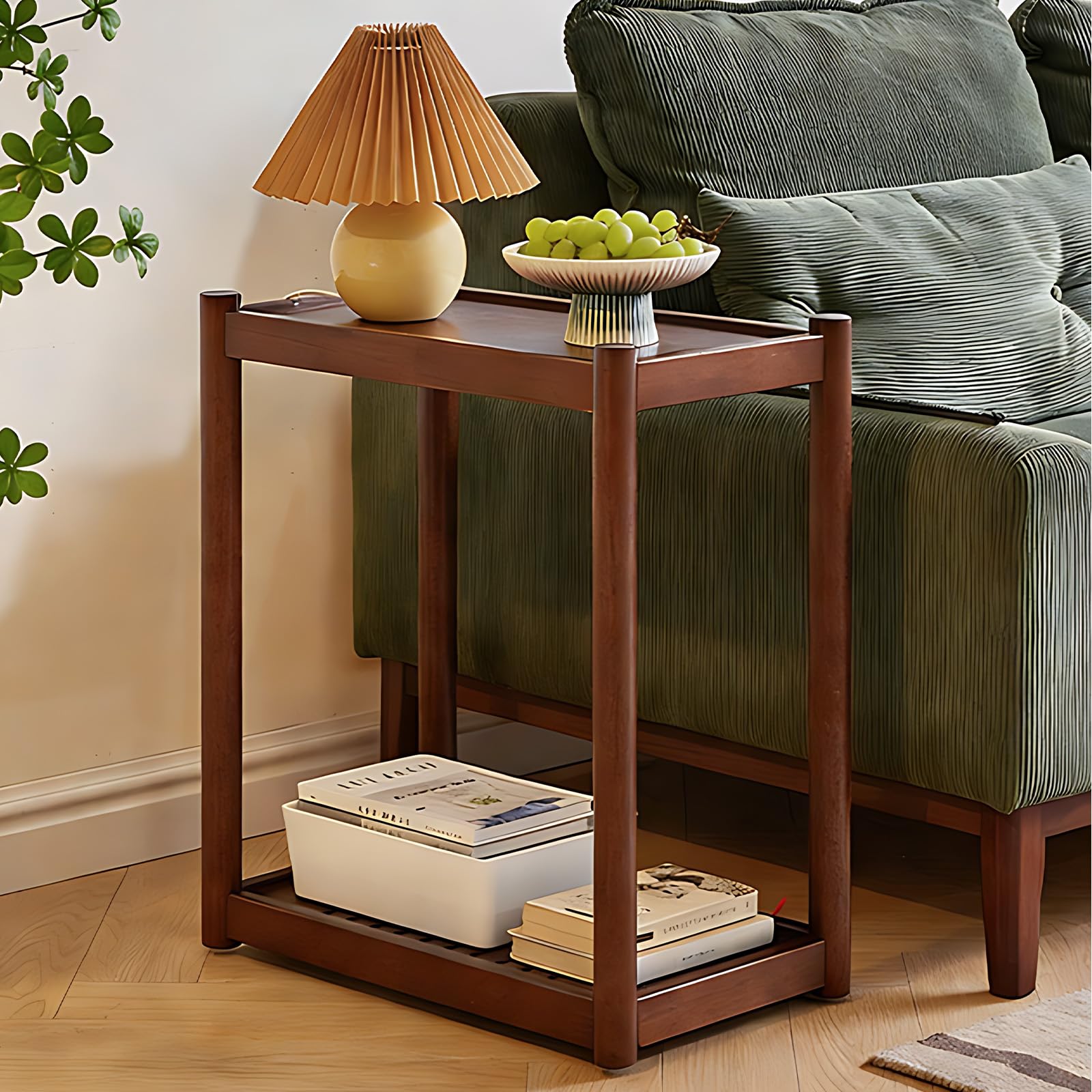 Photo 1 of Cttasty Narrow Side Table with Wheels, 2-Tier Solid Wood End Table, Walnut