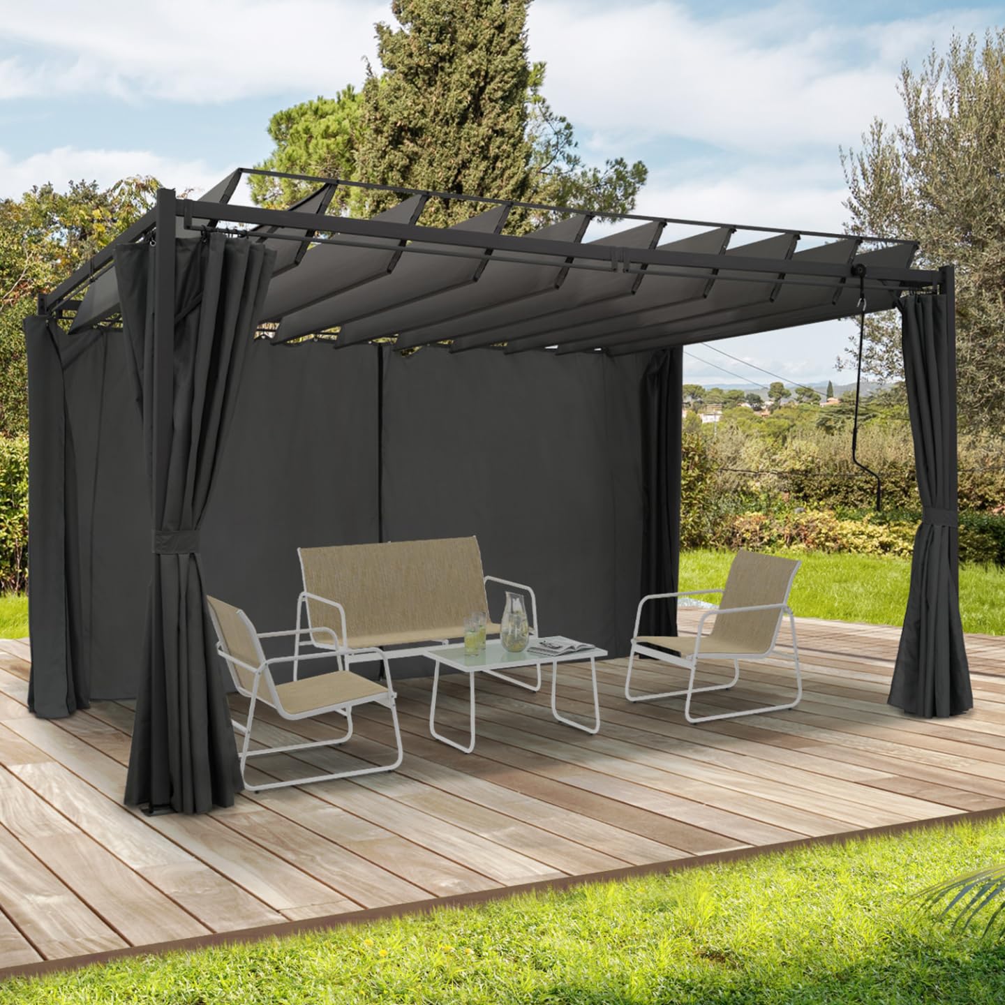 IDMarket - Pergola édition suprem Lames orientables 3x4 M et 4 Rideaux