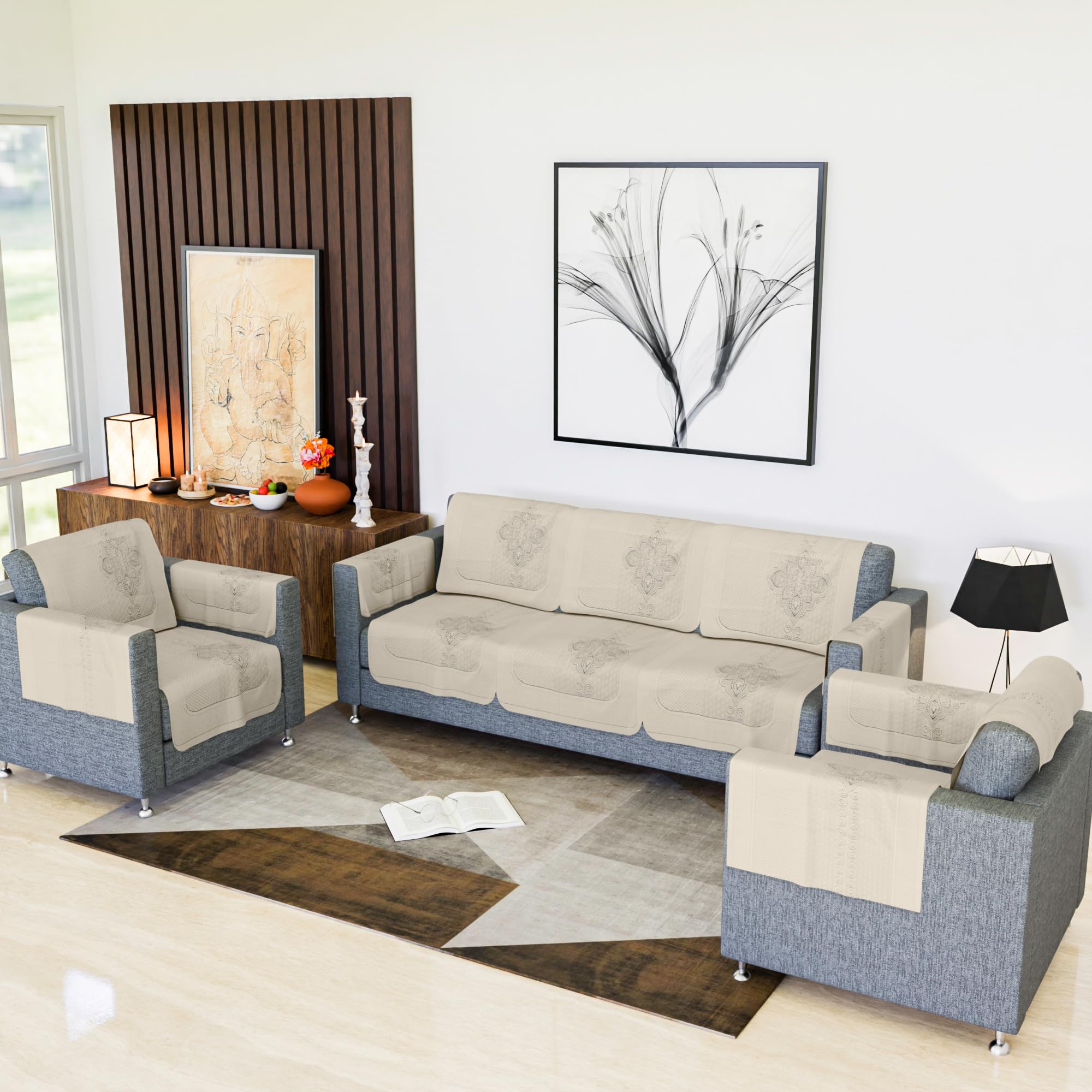 Kuber Industries Sofa Cover | Net Sofa Slipcover Set | 5 Seater Sofa Cover with Arms for Hall | Couch Sofa Cover Set | Sofa Cover for Hall & Living Room D?cor | Plain Maple Flower Print | Cream-image-13