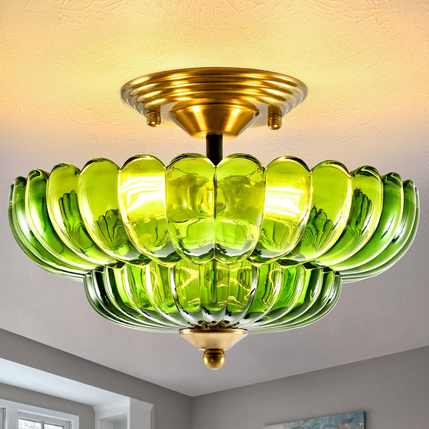 ChenSolara Semi Flush Mount Ceiling Light Green Light Fixtures with Gold Base Vintage Lighting Ceiling Mount Mid Centry Modern Light Fixture for Kitchen Bedroom Hallway Entryway — image 1
