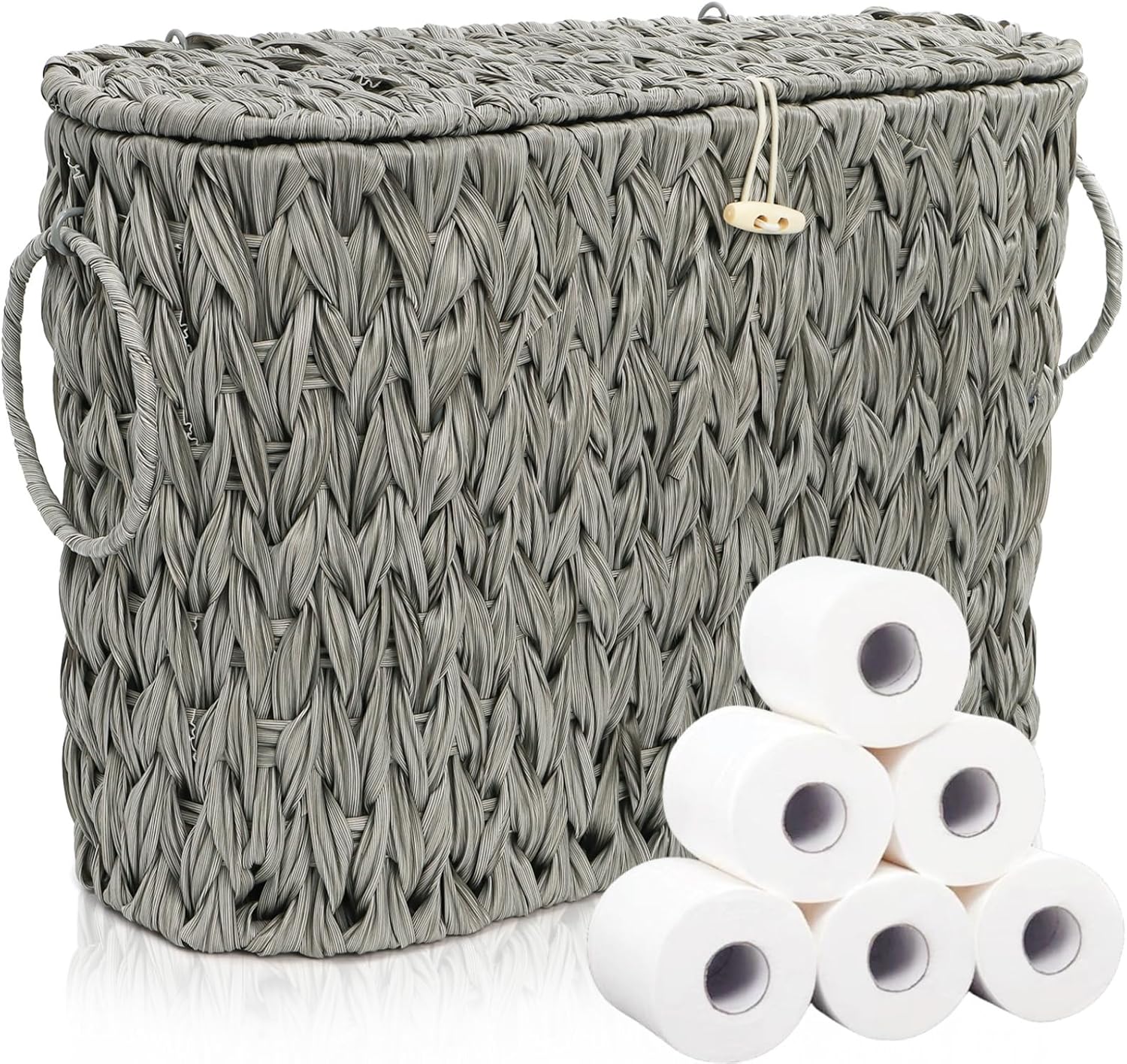 Toilet Paper Storage Basket, Handwoven Toilet Paper Holder with Lid & Handle, Large Decorative Container for up to 6 Mega Rolls, Plastic Trash Bin Magazine Organizer for Bathroom, Office