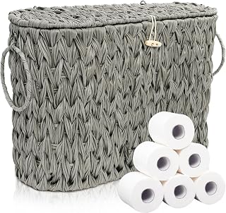 Pumtus Toilet Paper Storage Basket, Handwoven Toilet Paper Holder with Lid & Handle, Large Decorative Container for up to 6 Rolls, Plastic Trash Bin Magazine Organizer for Bathroom, Office