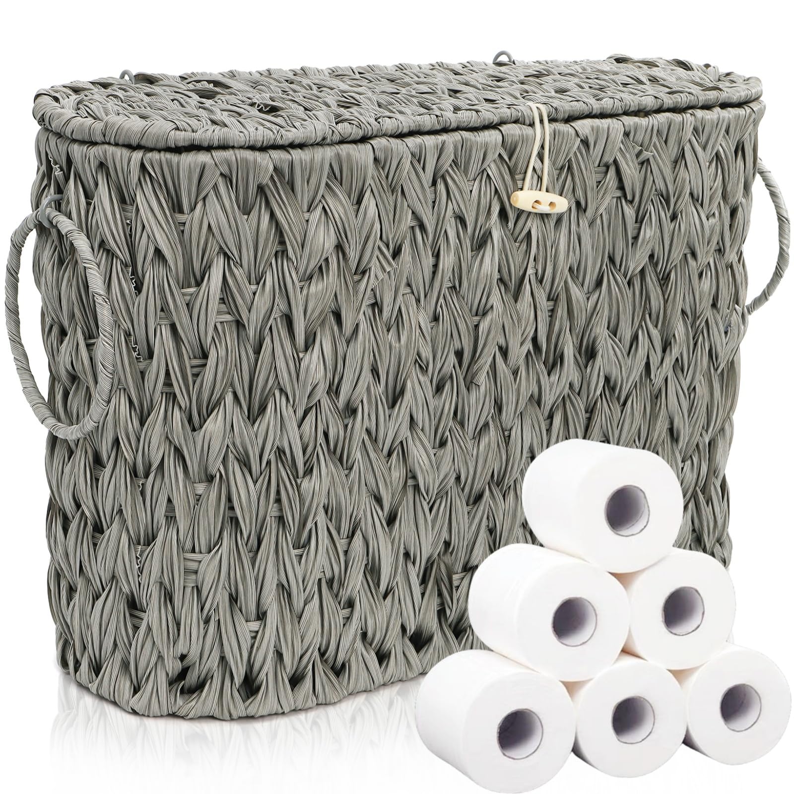 Pumtus Toilet Roll Storage Basket, Handwoven Toilet Paper Holder with Lid & Handle, Large Decorative Plastic Storage Container, Gray Garage Trash Bin, Magazine Organizer for for Bathroom, Office