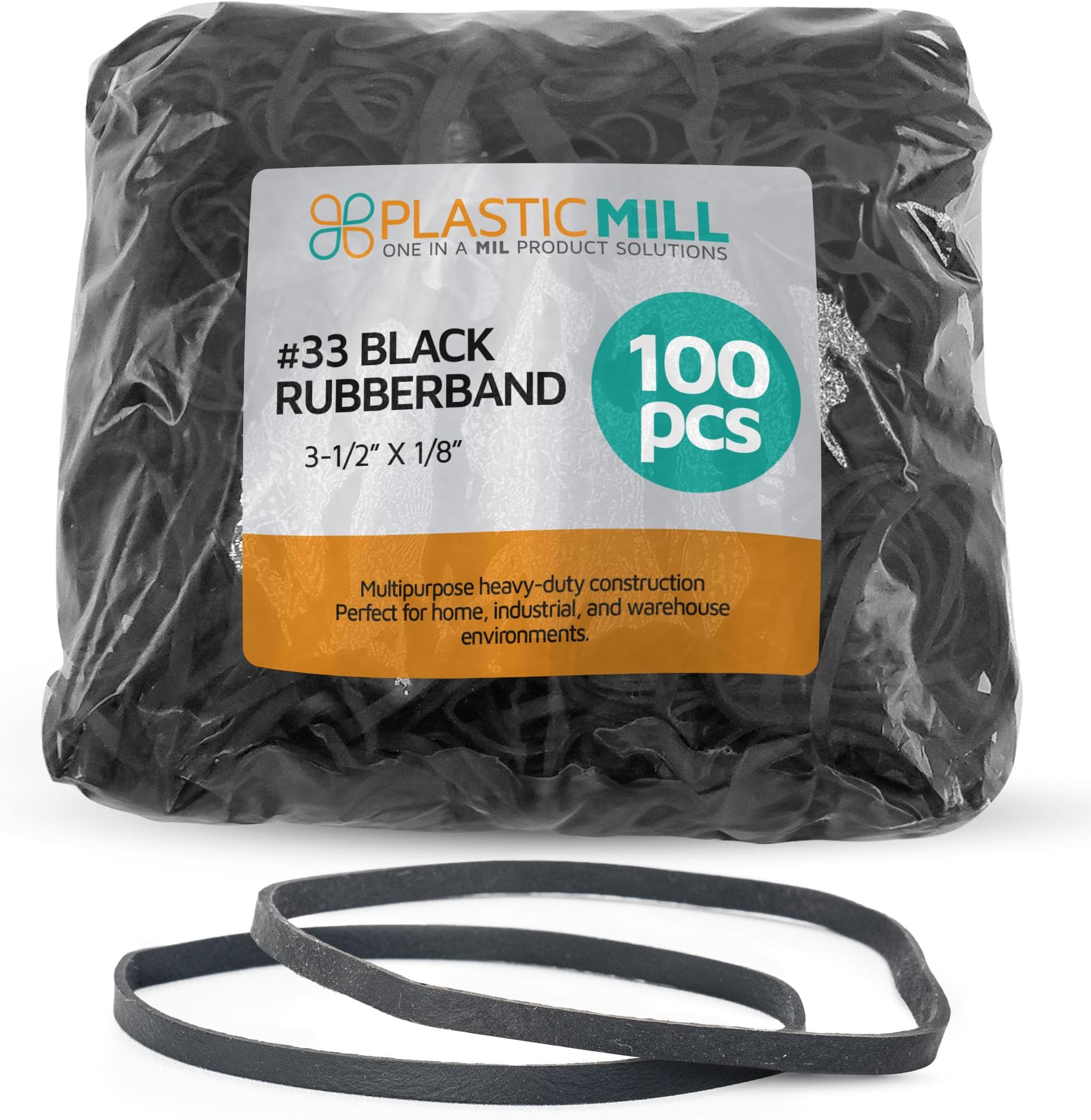 PlasticMill UV Resistant Rubber Bands Size 33 (3 1/2" x 1/8") - EPDM #33 Black Rubber Bands Office Supplies - Strong, Elastic Bands for Crafts, Cash, File Folders (100-Pack)