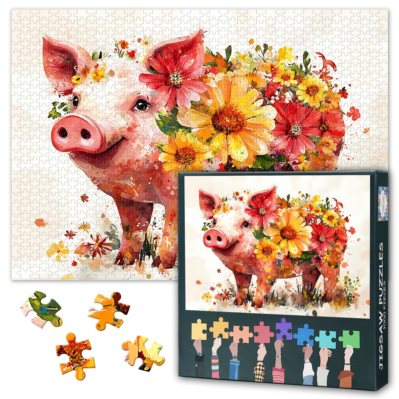 1000-piece puzzle for adults - Pig Covered in Flowers, a 1000-piece puzzle. Educational games for the whole family. Entertainment for a quiet evening. Finished size: 50x70cm — image 1
