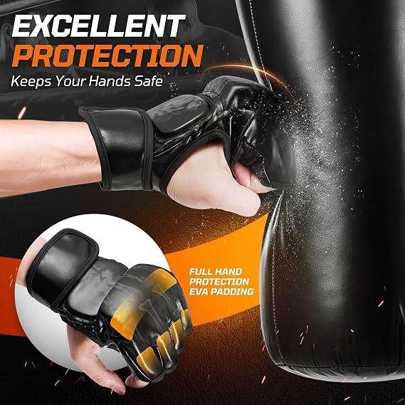 Flexzion MMA Gloves Fingerless Boxing Gloves for Men Women and Teen Youth, UFC Grappling Krav MAGA Kickboxing Gloves for Training Punching Bag Muay Thai Hitting Mitts Cutoff Martial Art Gloves