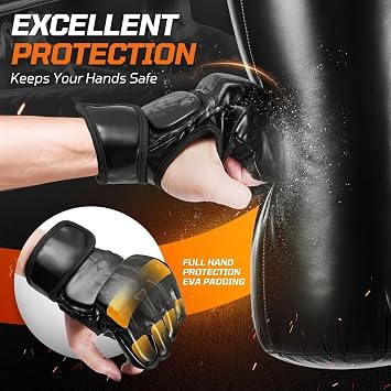 Flexzion MMA Gloves Fingerless Boxing Gloves for Men Women and Teen Youth, UFC Grappling Krav MAGA Kickboxing Gloves for Training Punching Bag Muay Thai Hitting Mitts Cutoff Martial Art Gloves