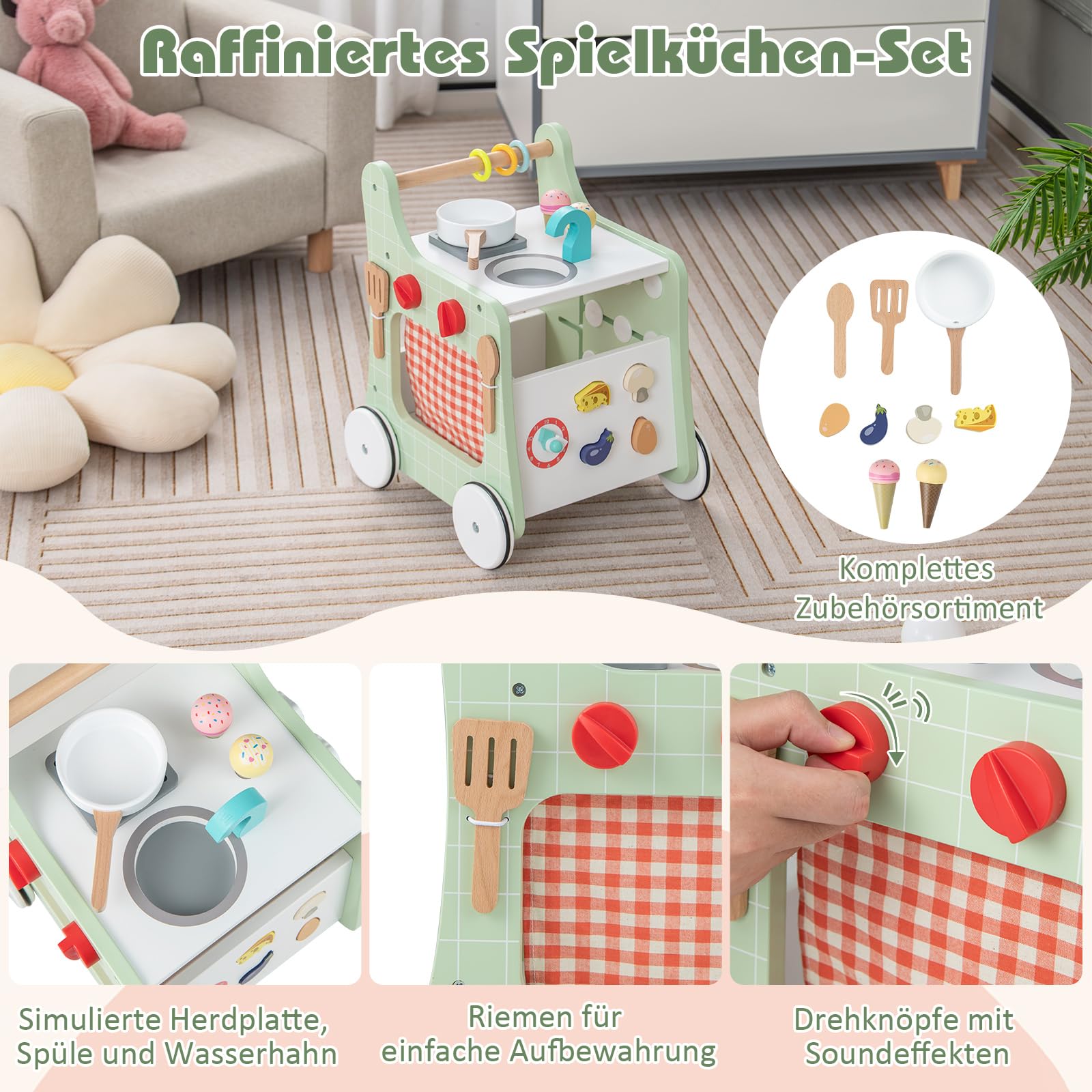 COSTWAY 6 in 1 Lauflernwagen aus Holz, Lauflernhilfe mit Spielküche, Lernuhr, Formanpassung & beweglichem Schieber, Kinderküche Baby Walker mit Rädern für Kinder ab 1 Jahr (Grün)