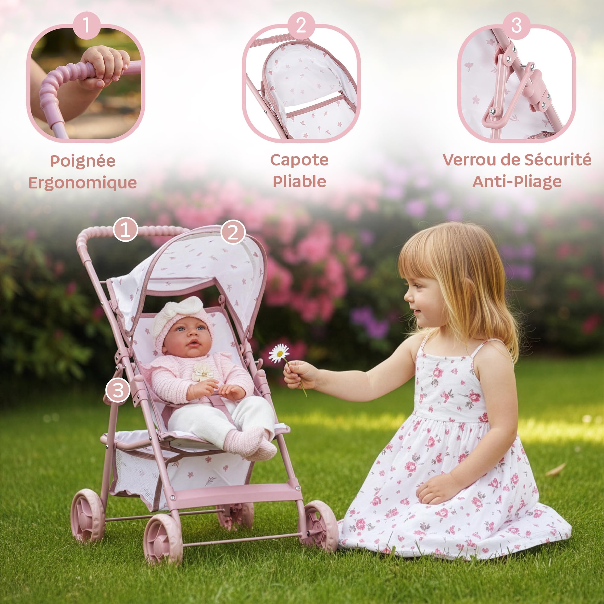 Kinderplay Poussette de poupée à partir de 3 Ans - Poussette légère et Pliable pour Fille avec Roues en EVA, Ceinture et visière - Poussette Jouet Rose