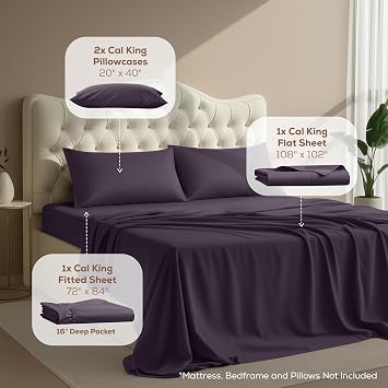 Utopia Bedding カリフォルニアキングシーツセット – Cal Kingサイズベッド用4ピースベッドシーツ、柔らかく通気性のあるマイクロファイバー、フィットシーツ1枚、フラットシーツ1枚、枕カバー2枚付き パープル