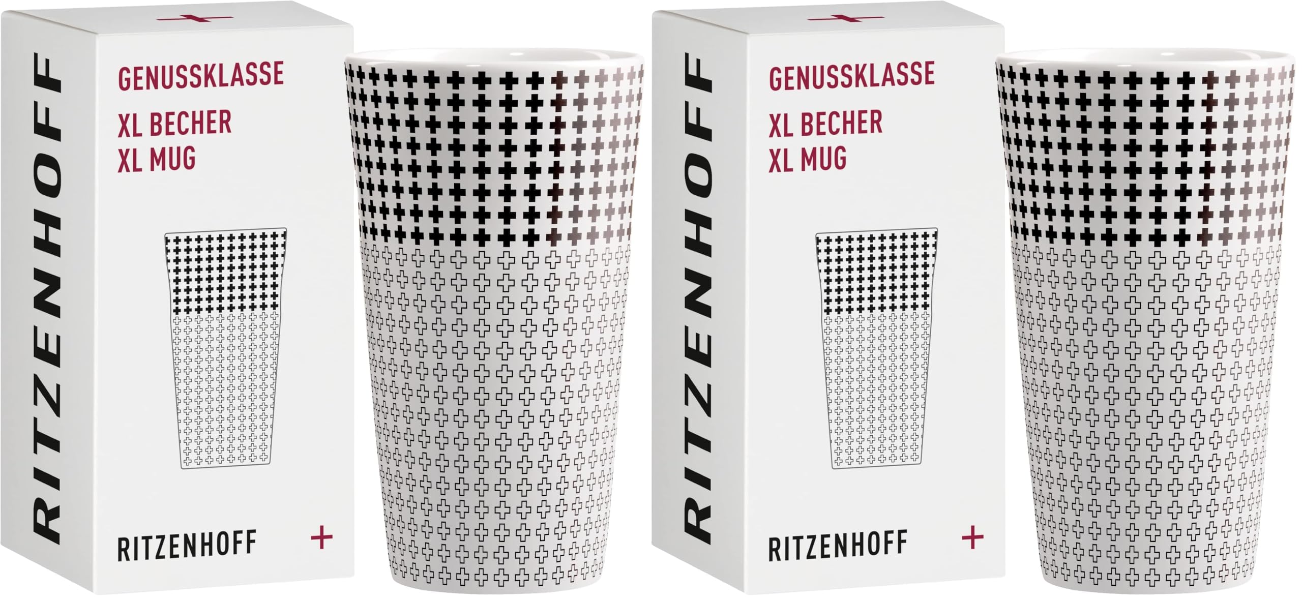 RITZENHOFF 3741003 Kaffee-Tasse XL 500 ml - Serie Genussklasse Nr. 3 - Porzellan-Becher mit Plusmotiv, Designerstück (Packung mit 2)