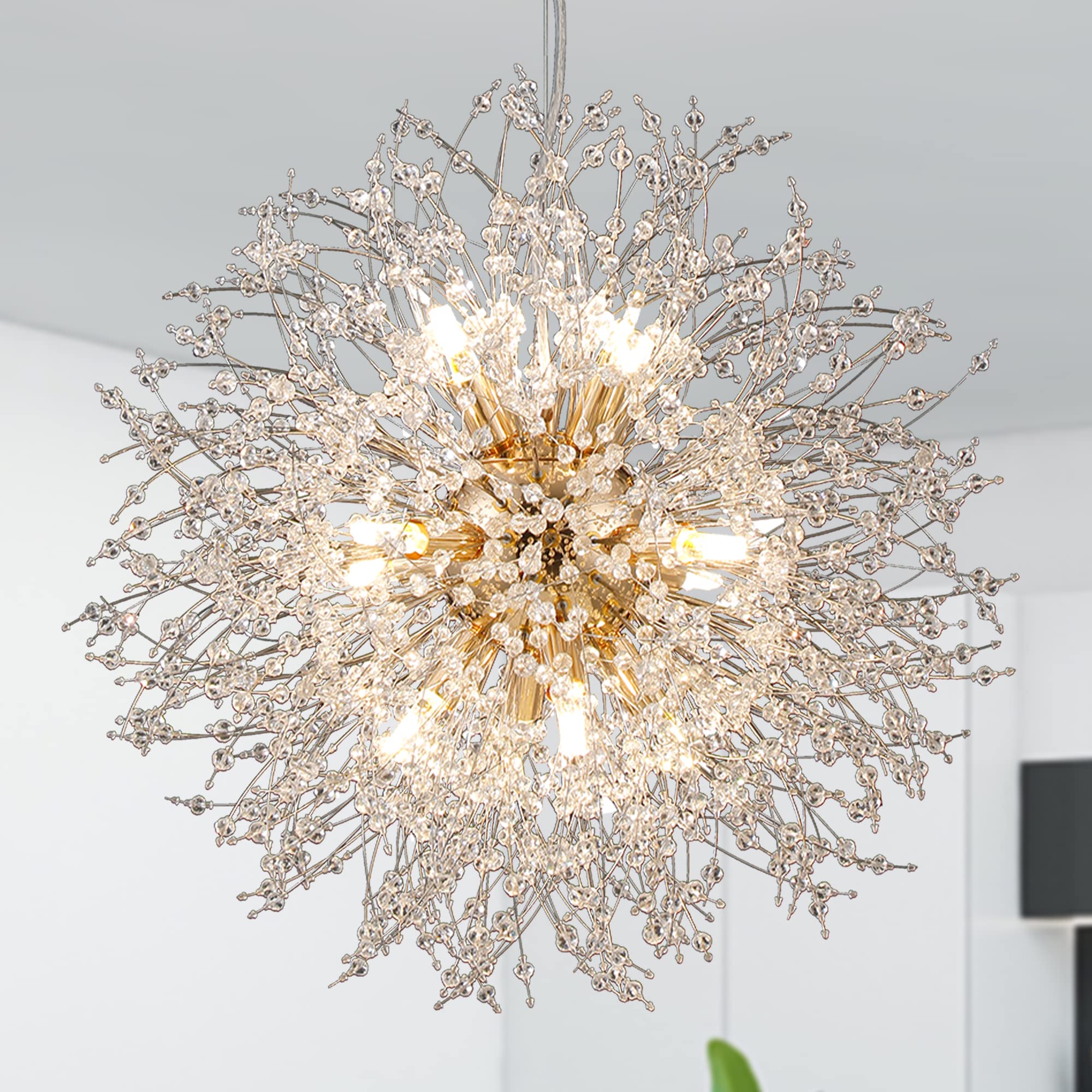 Isamacc Firework Chandelier Gold, 12-Light Modern Crystal Chandelier Dandelion, 21.6" Stainless Steel Sputnik Pendant Hanging Light for Dining Room