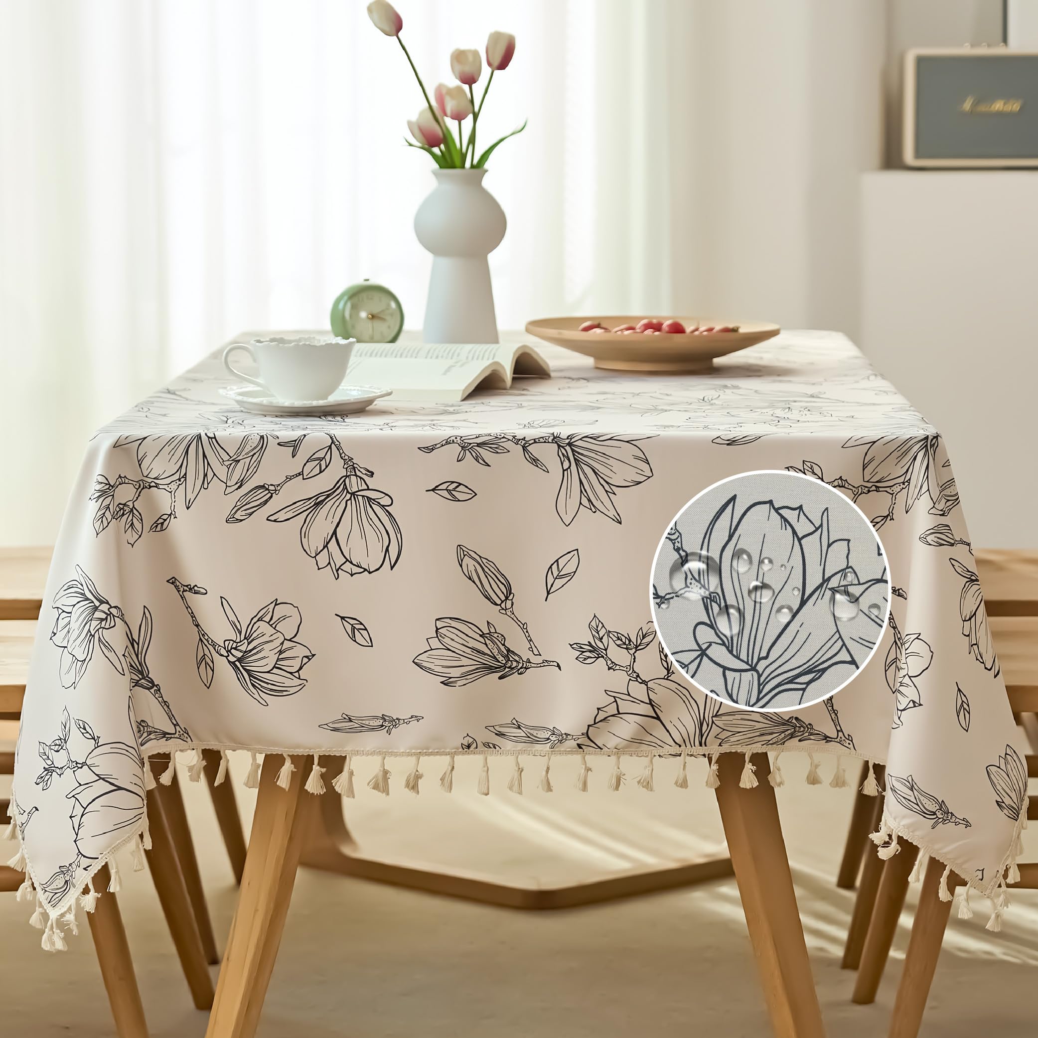 Farmhouse Wipeable Tablecloth Vinyl Waterproof Coating Spill-Proof Table Cover Cotton Linen Backing Slip Resistant Flower Tabletop Kitchen Party Table