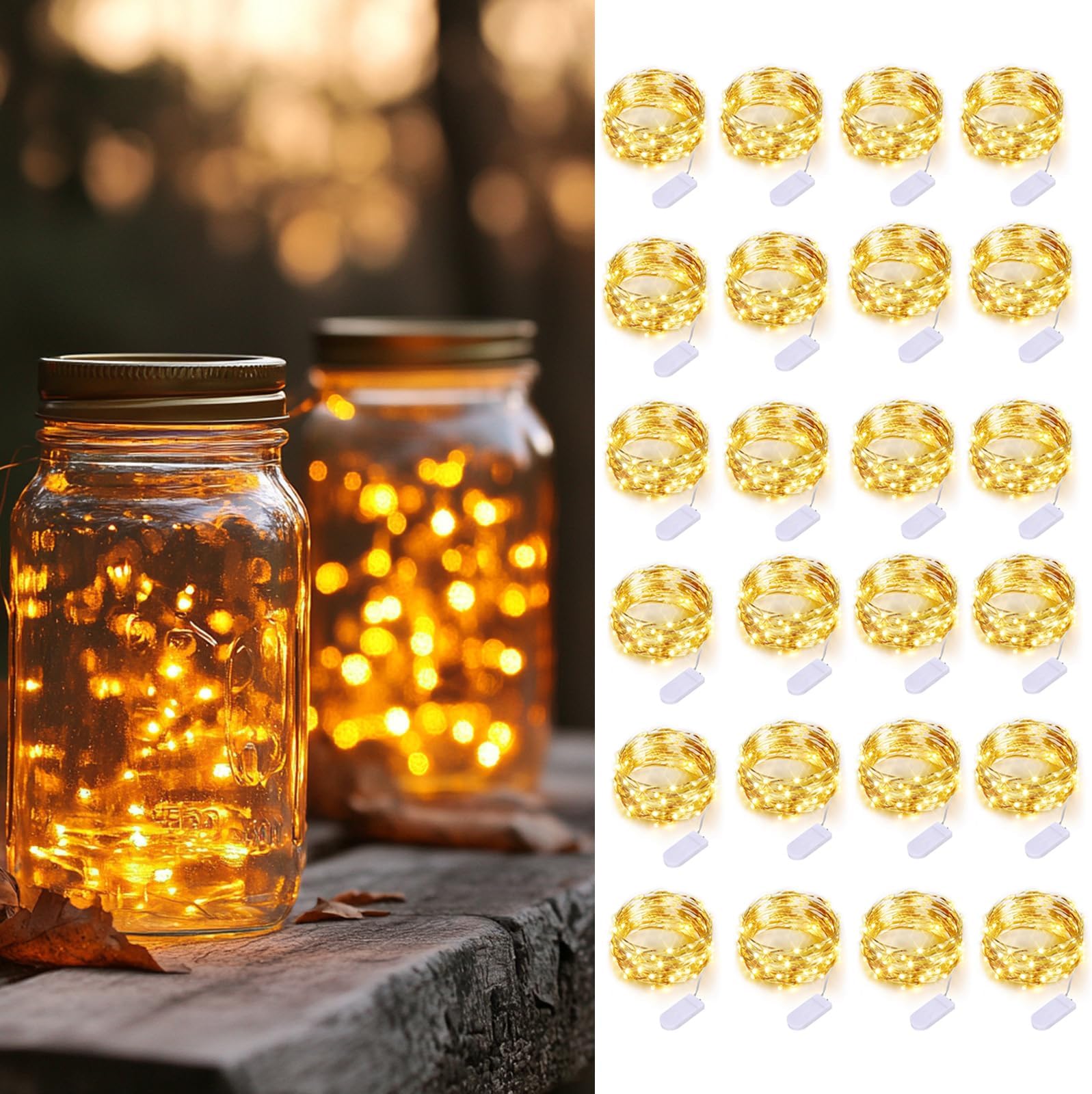 24 Pack Fairy Lights Battery Operated String Lights-3.3ft 20 LED Silver Wire Warm White for Wedding,Party,Table Centerpieces,DIY Crafts,Mason Jars Decor