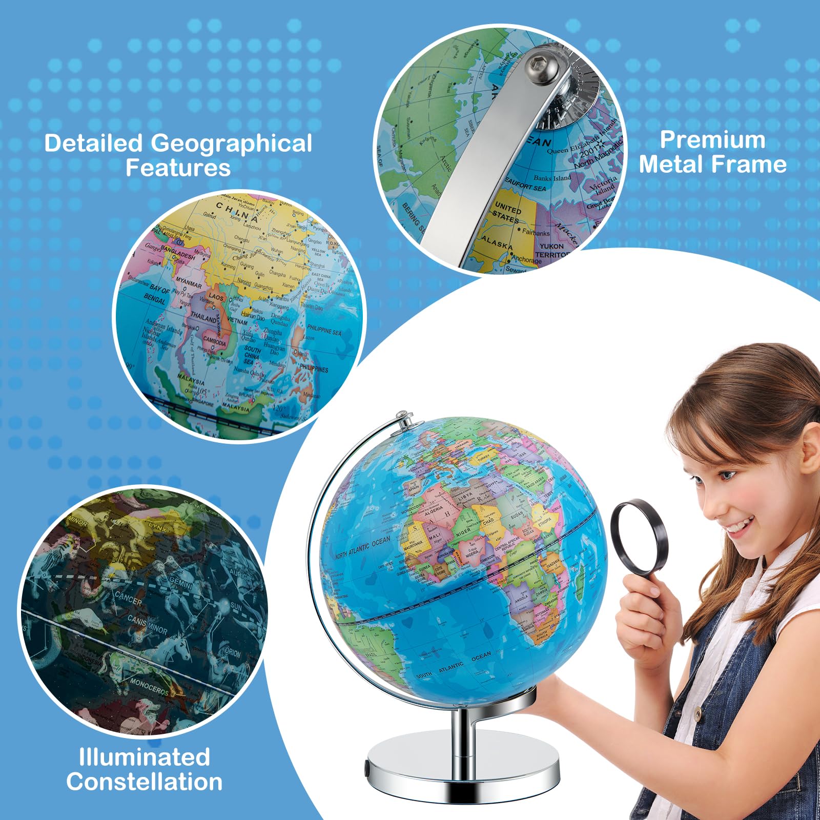 GIANTEX Mappamondo luminoso 23 cm 3 in 1, interattivo e ruotabile a 360°, mappa del mondo HD e mappa delle costellazioni illuminate, educativo per bambini, lampada LED con base in metallo