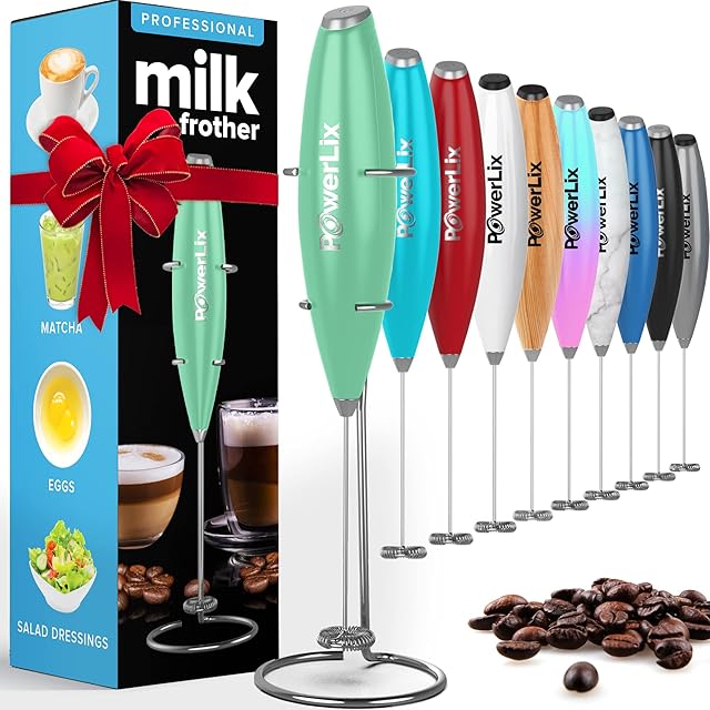 PowerLix Ręczna trzepaczka do mleka  elektryczny spieniacz do mleka ze stojakiem ze stali nierdzewnej, 15-20 s, mocny 19000 obr./min, mini mikser do kawy, do latte, cappuccino (Zieleń trawy)