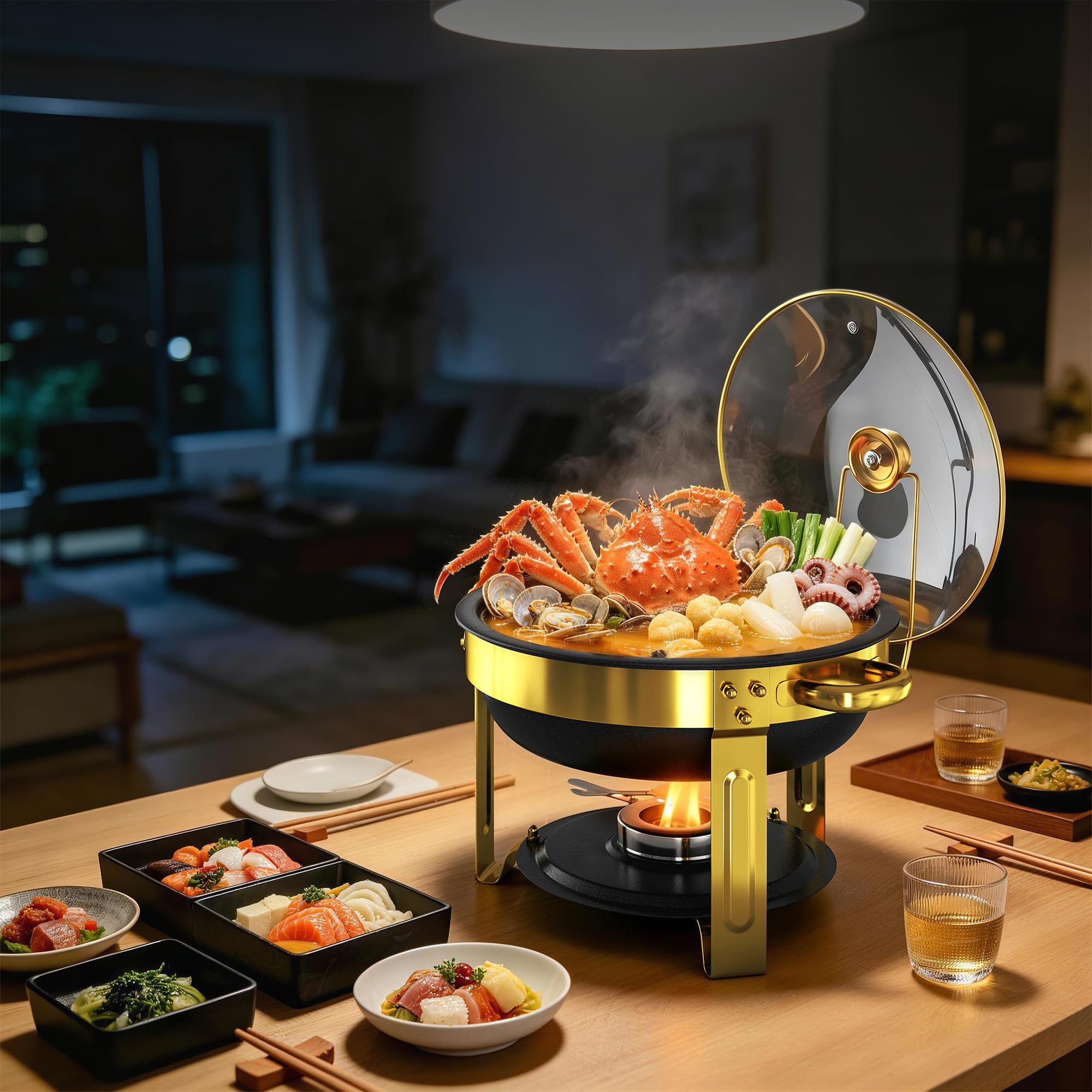 Juego de 2 recipientes para buffet de platos negros con revestimiento de maifanita, redondos, con tapa transparente, acero inoxidable dorado, para fiestas y eventos de catering