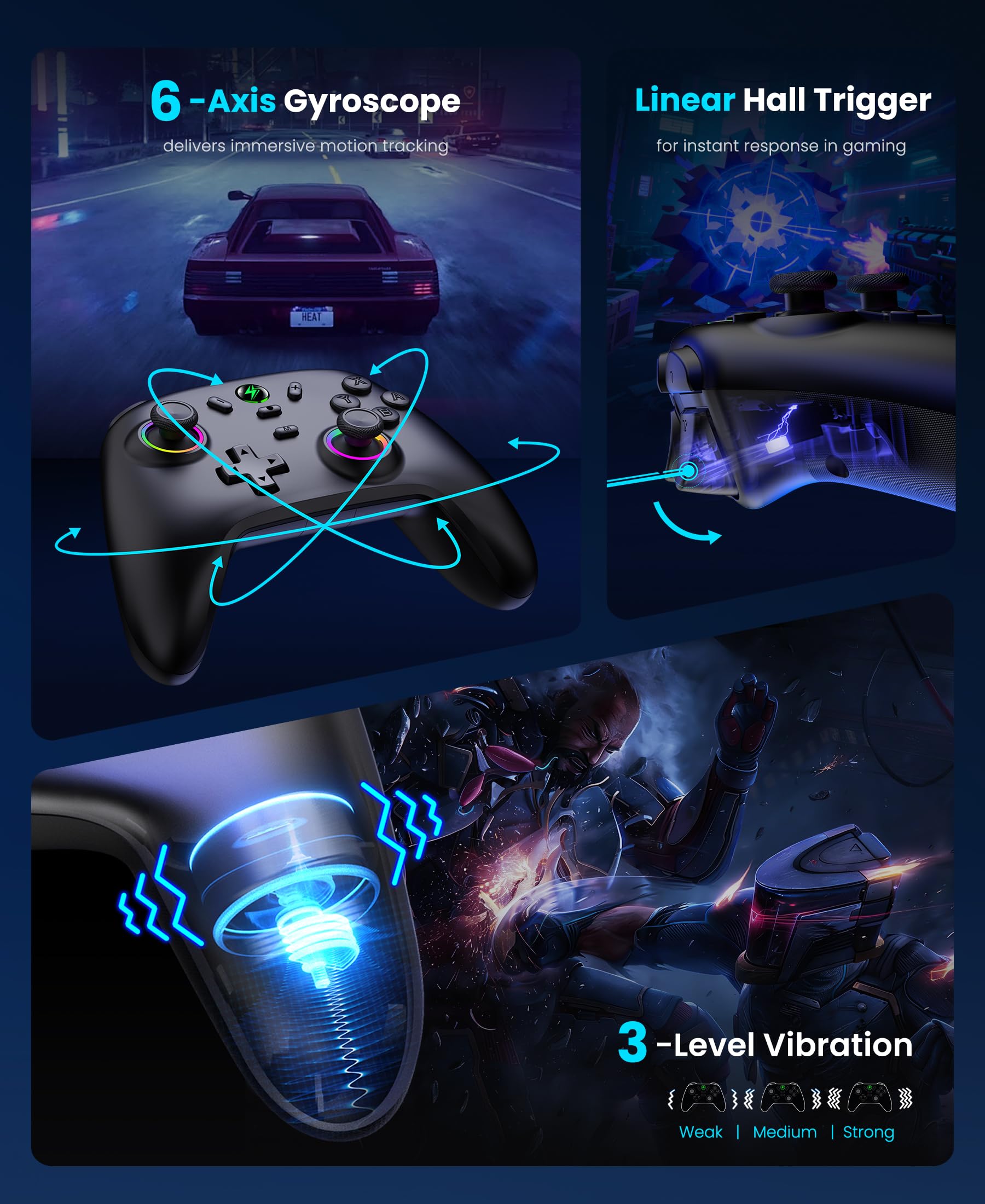 Controlador inalámbrico Switch Pro para Nintendo Switch/Lite/OLED, joysticks de juego de PC con cable efecto Hall, Cool RGB inalámbrico iOS/Android, iluminación remota programable, accesorios para