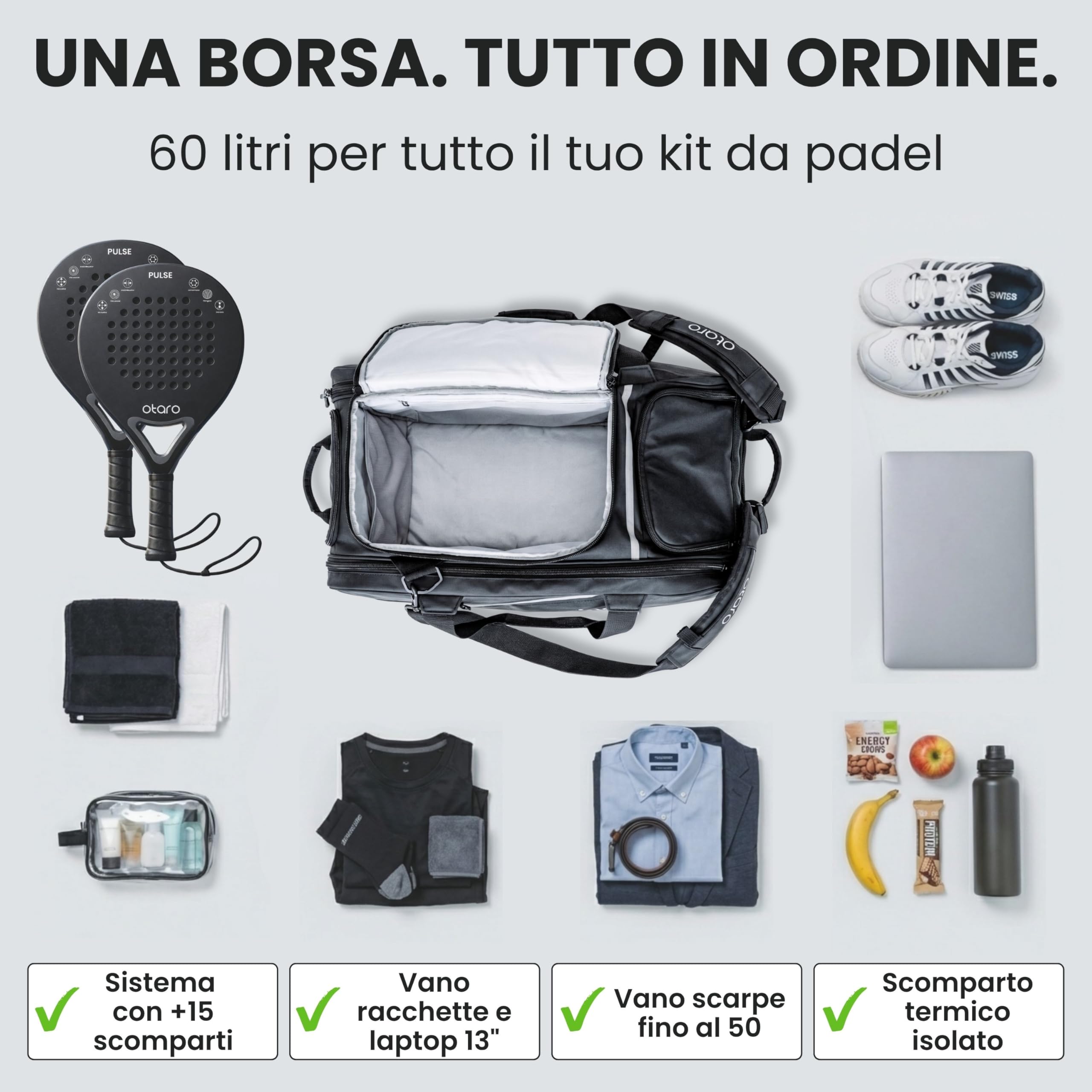Otaro Borsa Padel 60L | Zaino con porta scarpe, vano termico e laptop | Custodia racchetta padel per 2 racchette, vestiti e accessori | Sistema di trasporto 4 in 1 | Borsa padel uomo e donna (Nero)