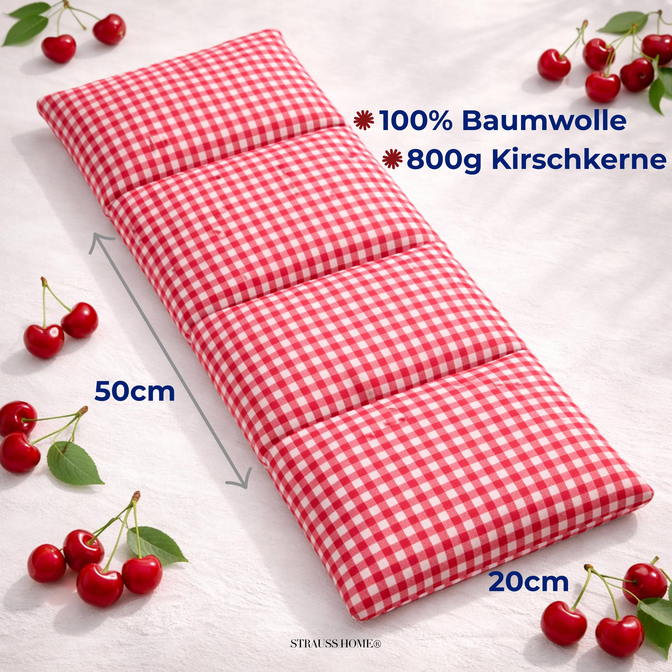 Strauss Home® Cojín de huesos de cereza grande, microondas, cojín térmico para cuello y hombros, tela de algodón, 50 x 20 cm (rojo vintage)