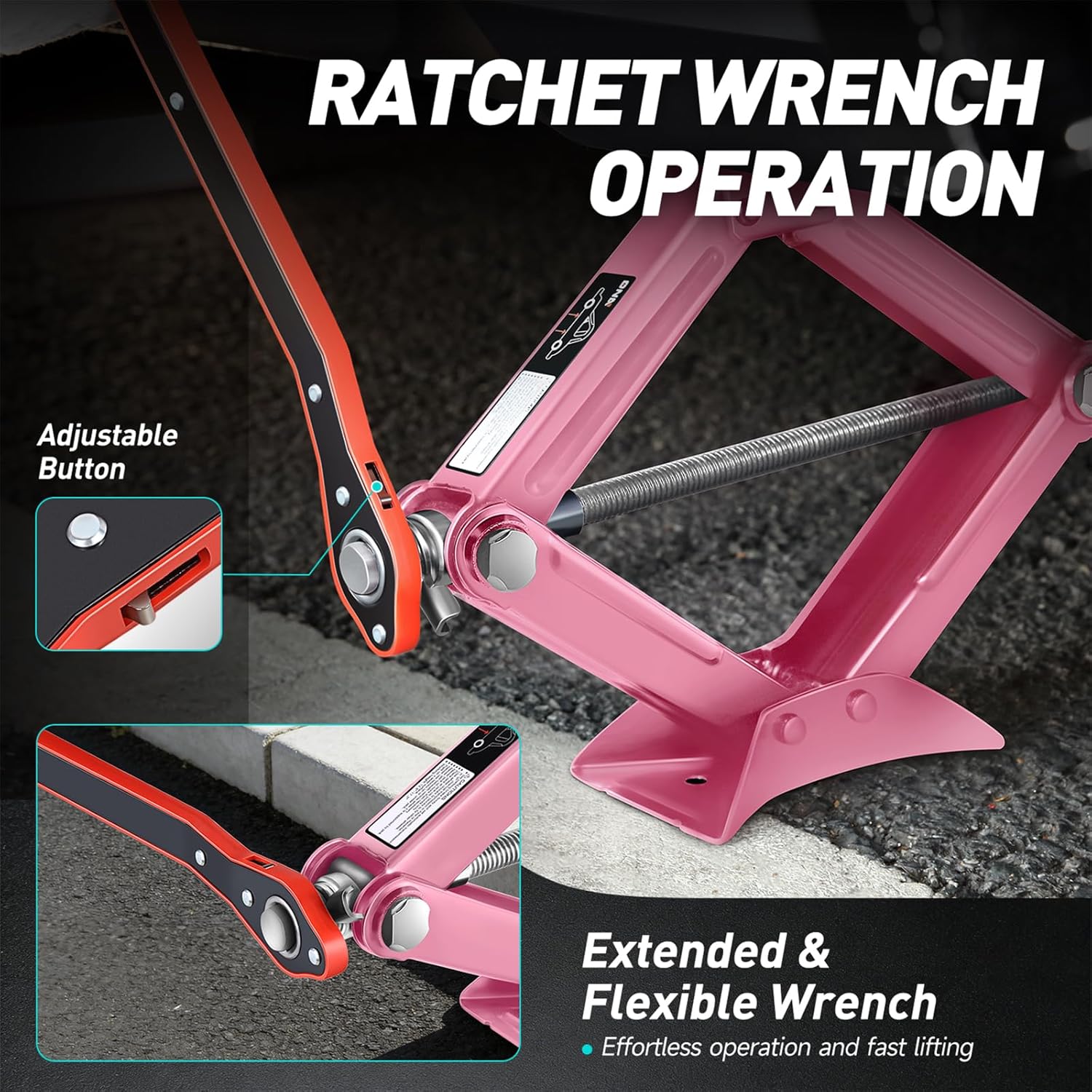 DNA Motoring Scissor Jack for Car - 2 Ton (4,409 lbs) Car Jack Kit with Labor-Saving Ratchet Wrench for Cars, SUV, Sedans, 3.85'' - 17.4'' Lifting Range, Pink, TOOLS-00283-PK