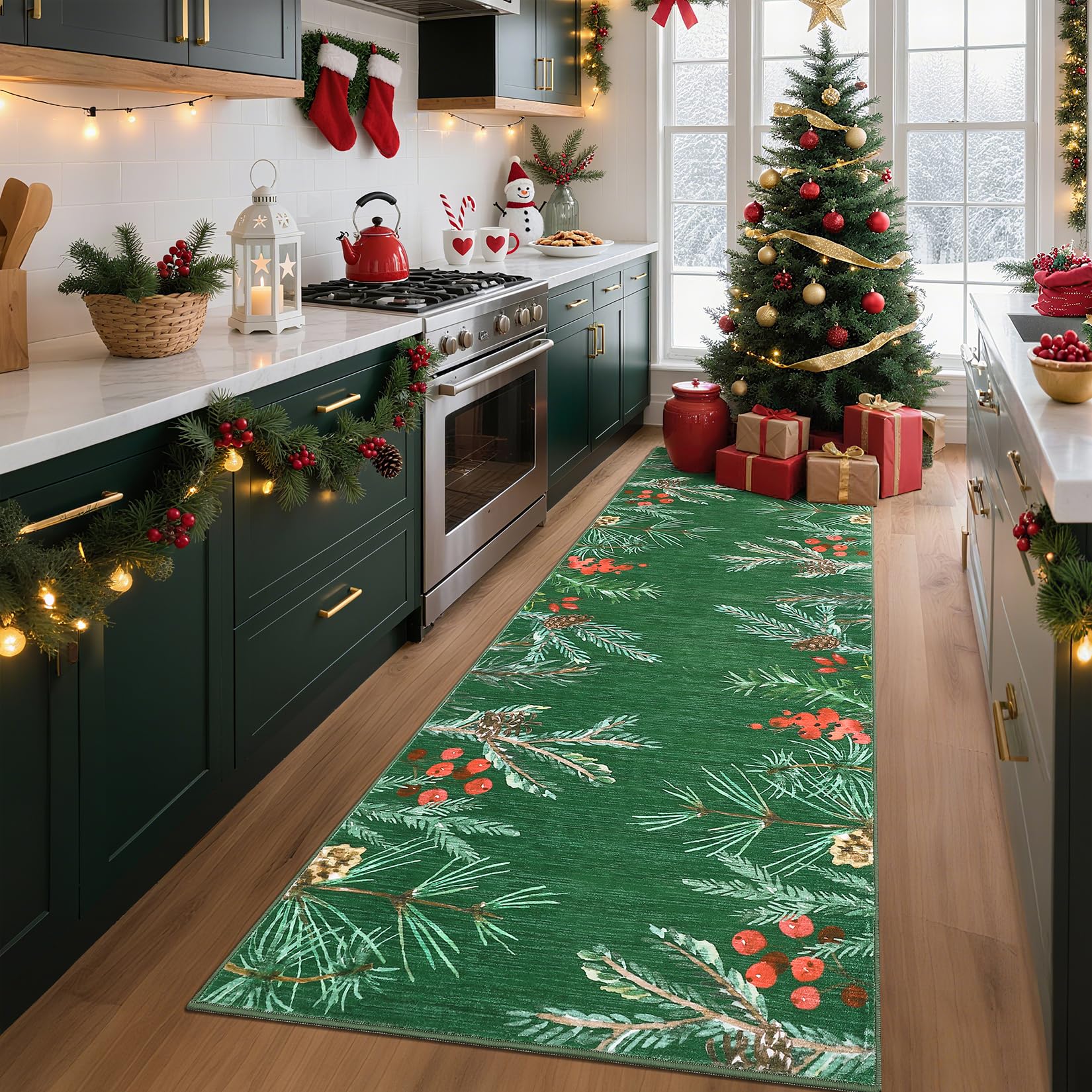 GarveeHome Christmas 2x8 Leaf Rug for Kitchen, Machine Washable Holiday Runner Rugs Botanical Floor Carpet Bedside Green Christmas Decor for Entryways
