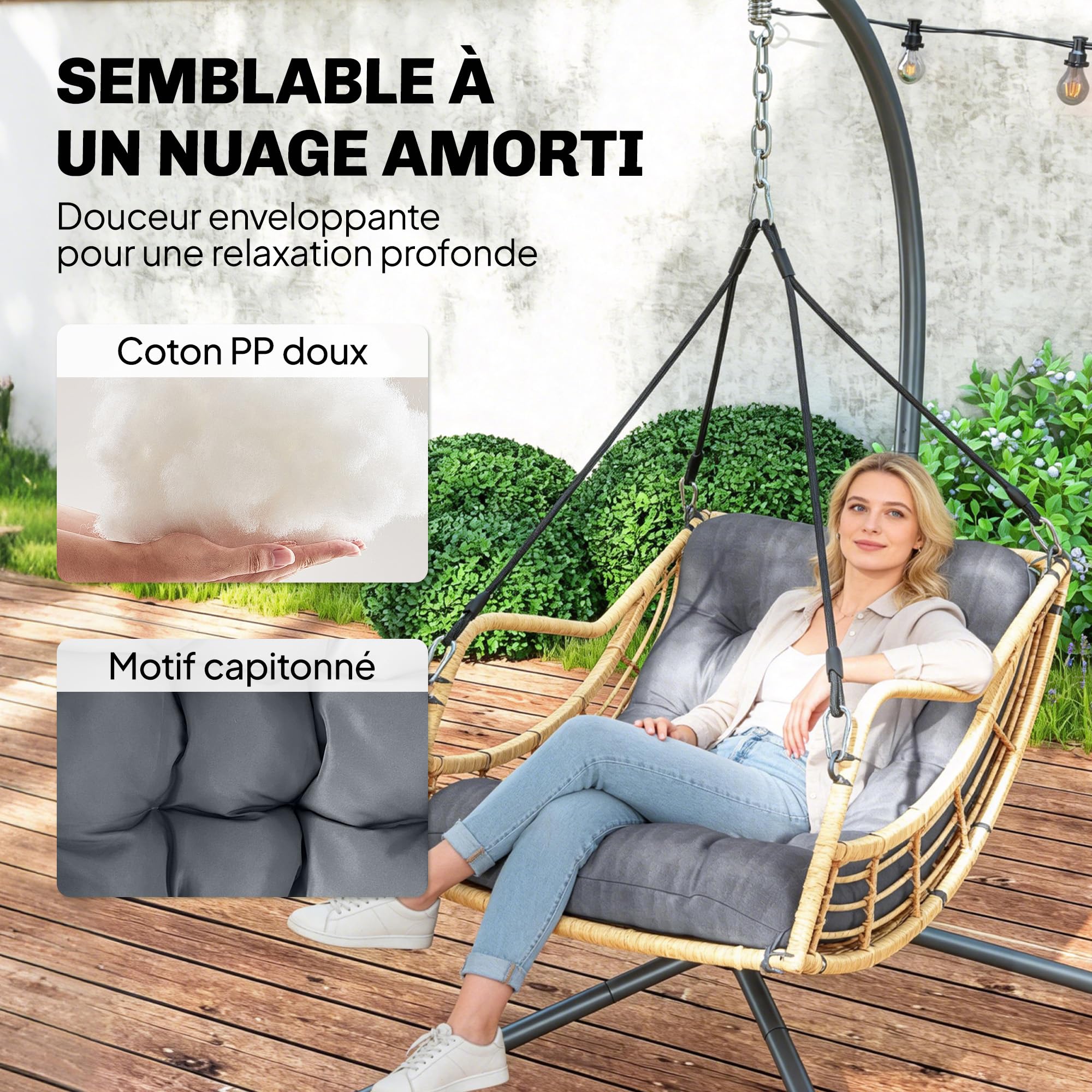 Outsunny Fauteuil Suspendu en résine tressée avec Support, Chaise Suspendue, Chaise hamac balançoire, Coussin et Attache de sécurité, Hauteur réglable, Cadre en Acier, intérieur et extérieur, Gris