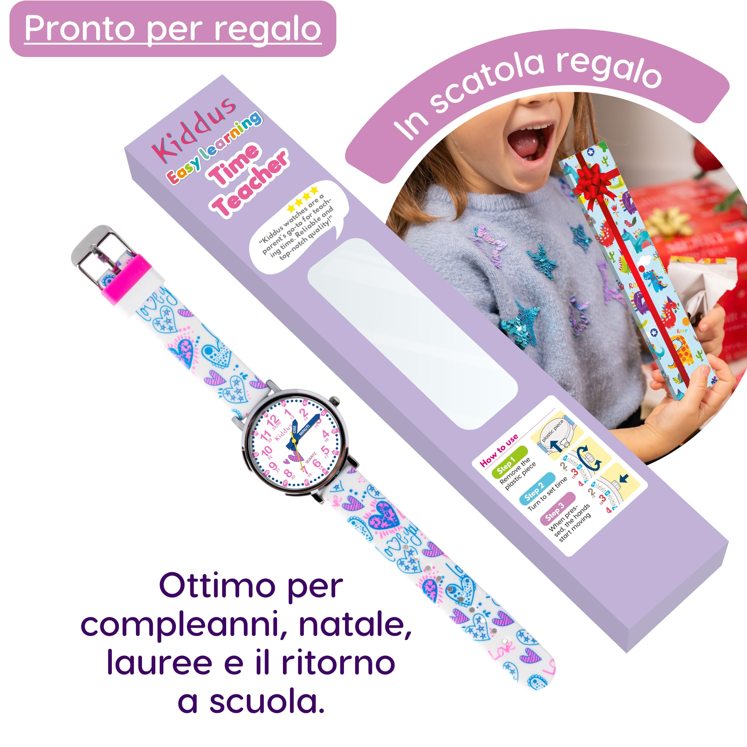 Kiddus Reloj Educativo Infantil para Niño y Niña a Partir de 5 Años, Sumergible 5ATM, Reloj Analógico para Aprender la Hora, Mecanismo Japonés