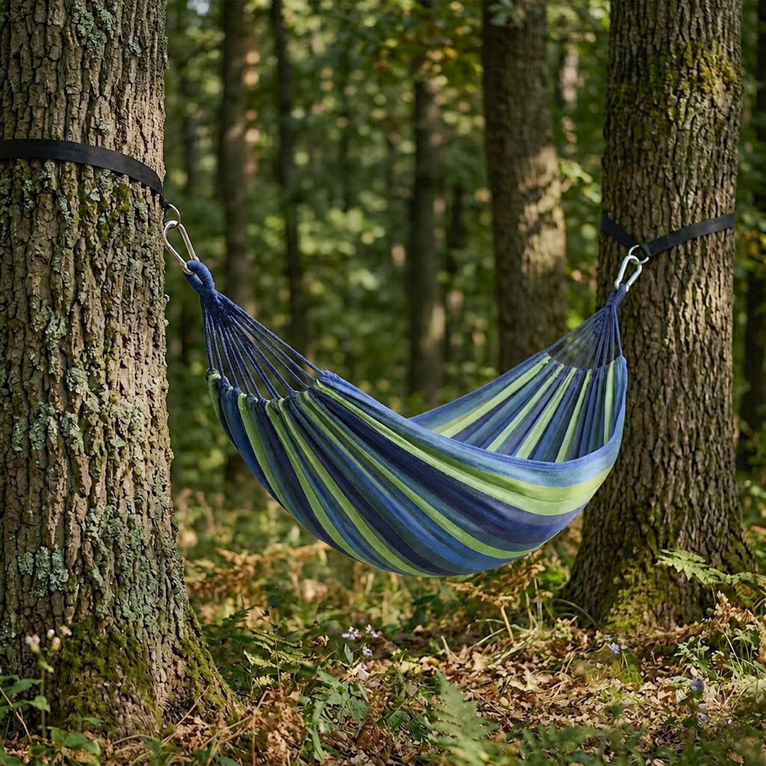 Amaca Da Campeggio E Giardino Con Sacca Trasporto Cinghie E Moschettoni Inclusi Struttura Anti Ribaltamento Cotone Resistente Portata 300 Kg 210 x 150 Cm Blu