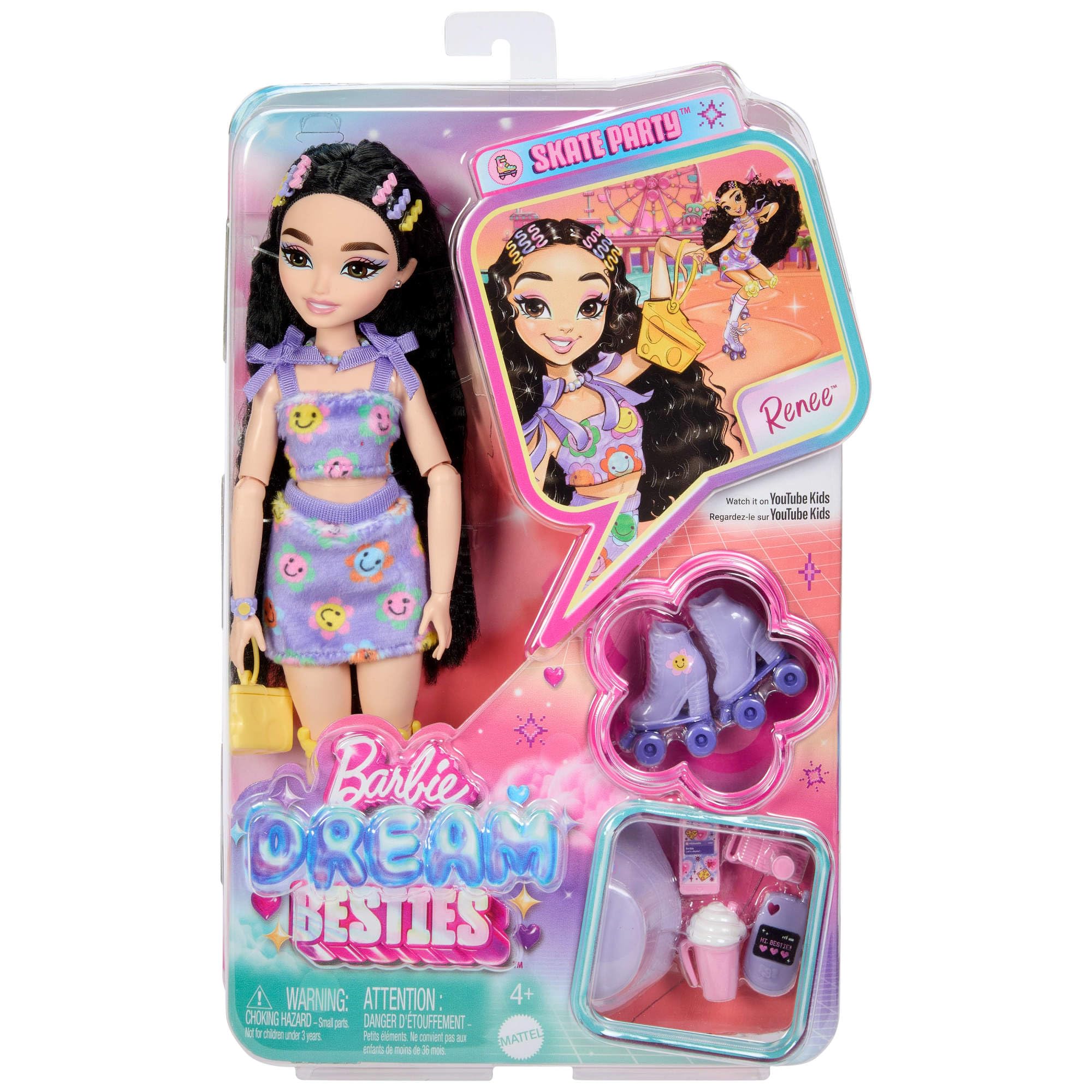 Barbie Dream Besties Lalka Renee na wrotkach do ustawiania w różnych pozach, z czarnymi włosami, wrotkami i akcesoriami, zestaw, zabawka dla dzieci od 4 roku życia, JFX99