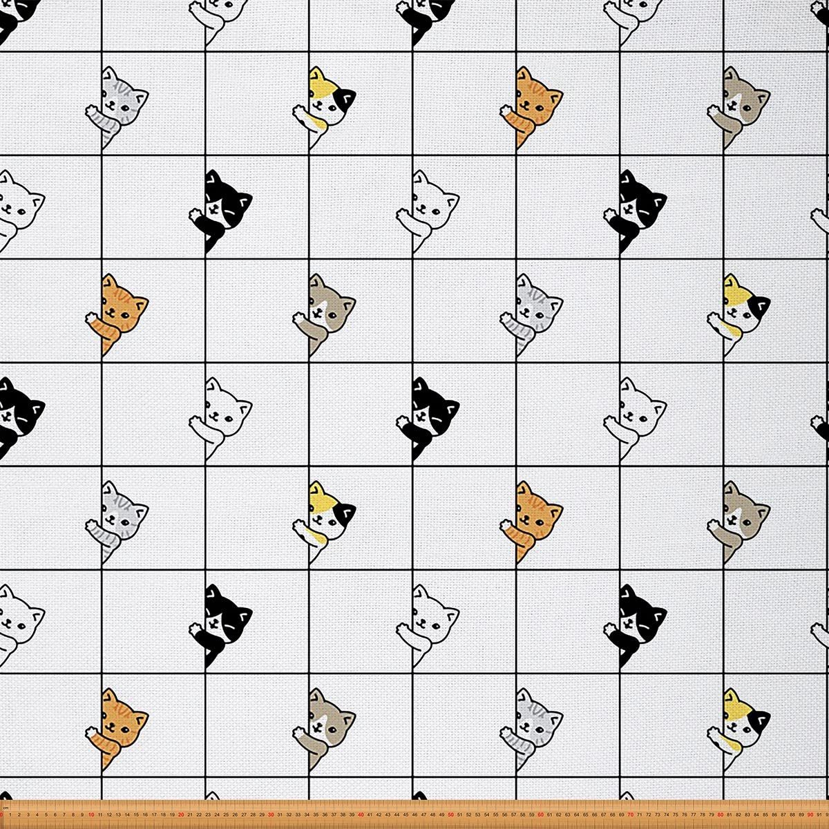 Cat Fabric by The Yard,Cute Cartoon Plaid Cats Upholstery Fabric,Kawaii Style Grid Geometric Outdoor Fabric,Cat Lover Reupholstery Fabric for Chairs,10 Yards,(L920*W150cm) Orange White — image 1