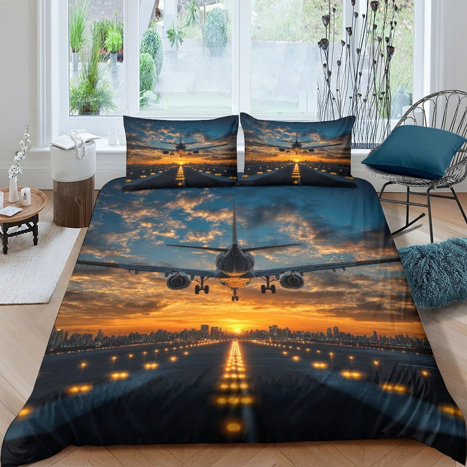 Ctjqhvkz Style-5 3D Printed Sunset Runway Fitted Sheet Microfiber Soft Breathable Airplane Bed Cover For Bedroom Guest Room Decor Single（135X200cm）