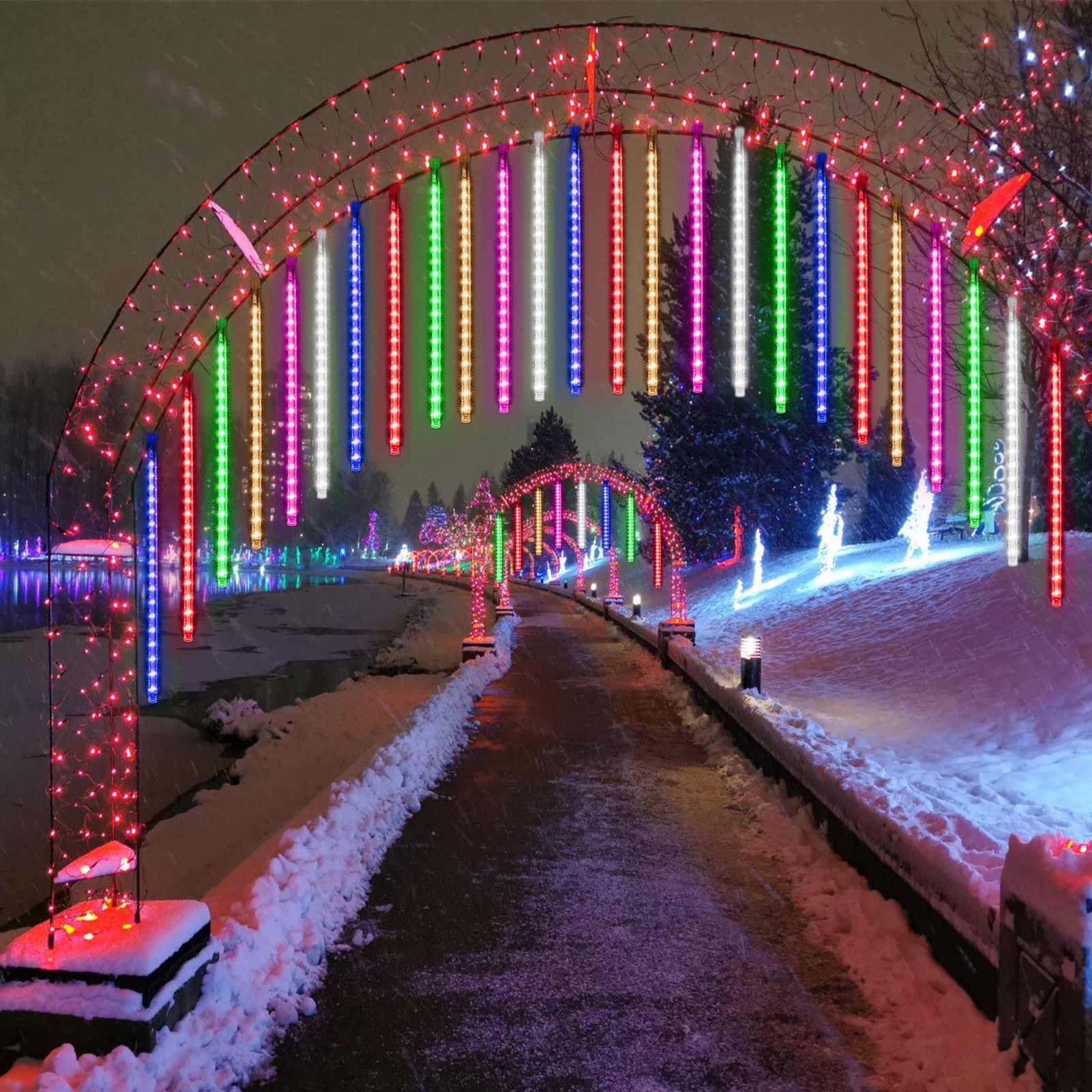 Cadena de luces LED de 80 cm, 8 tubos, 576 LED, luces de lluvia en cascada, luces de nieve para decoración de jardín, fiesta de vacaciones, boda, multicolor