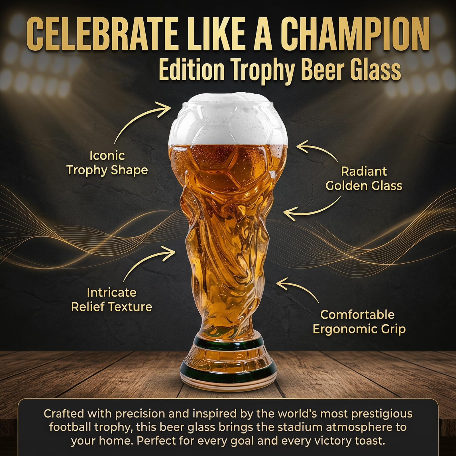 Boccale da birra da 480 ml, per la Coppa del Mondo di calcio, per birra, cocktail, bevande, feste di calcio (calcio, trasparente)